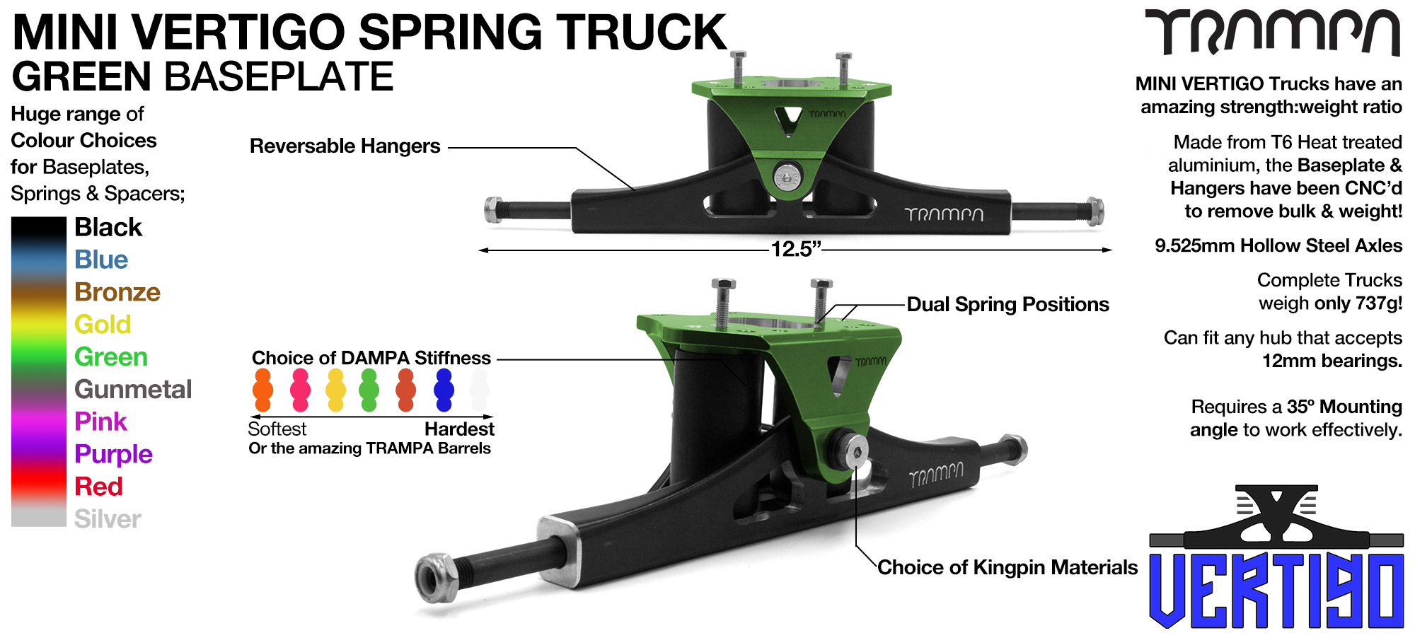 Mini VERTIGO TRAMPA TRUCKS - CNC FORGED Channel Hanger with 9.525mm HOLLOW Steel Axle CNC Baseplate Stainless Steel Kingpin - GREEN