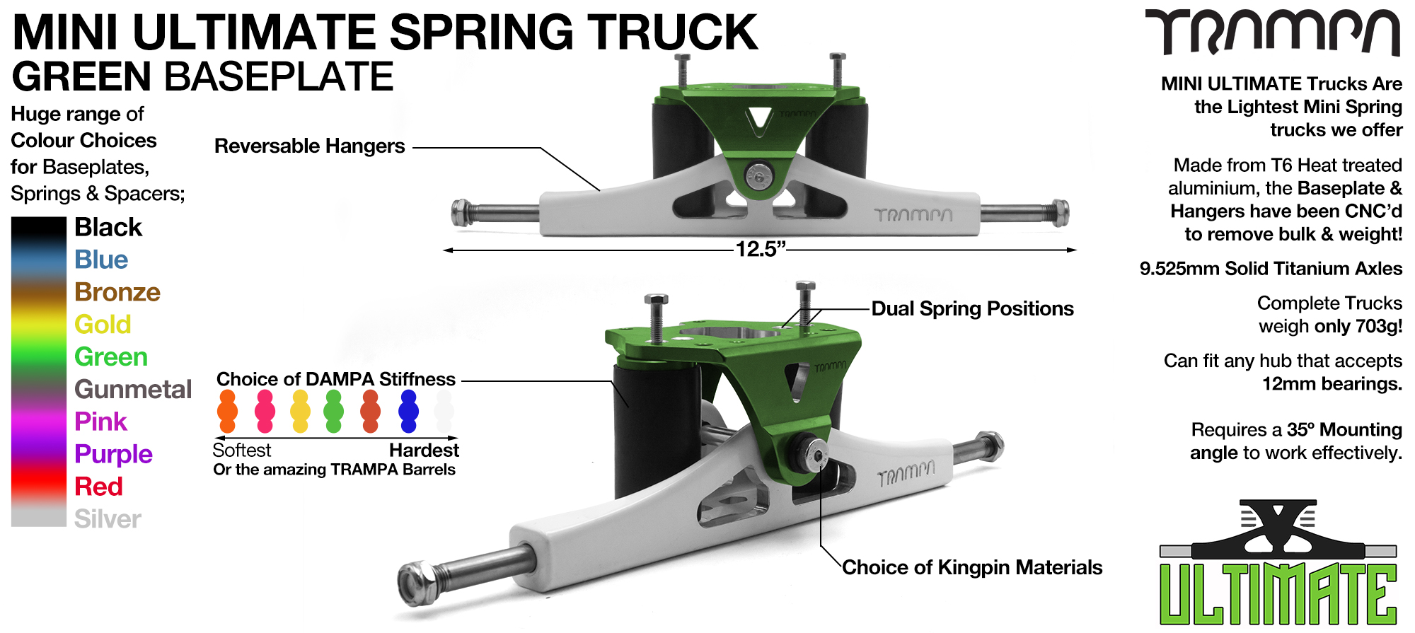 Mini ULTIMATE TRAMPA TRUCKS - CNC FORGED Channel Hanger with 9.525mm TITANIUM Axle CNC Baseplate TITANIUM Kingpin - GREEN