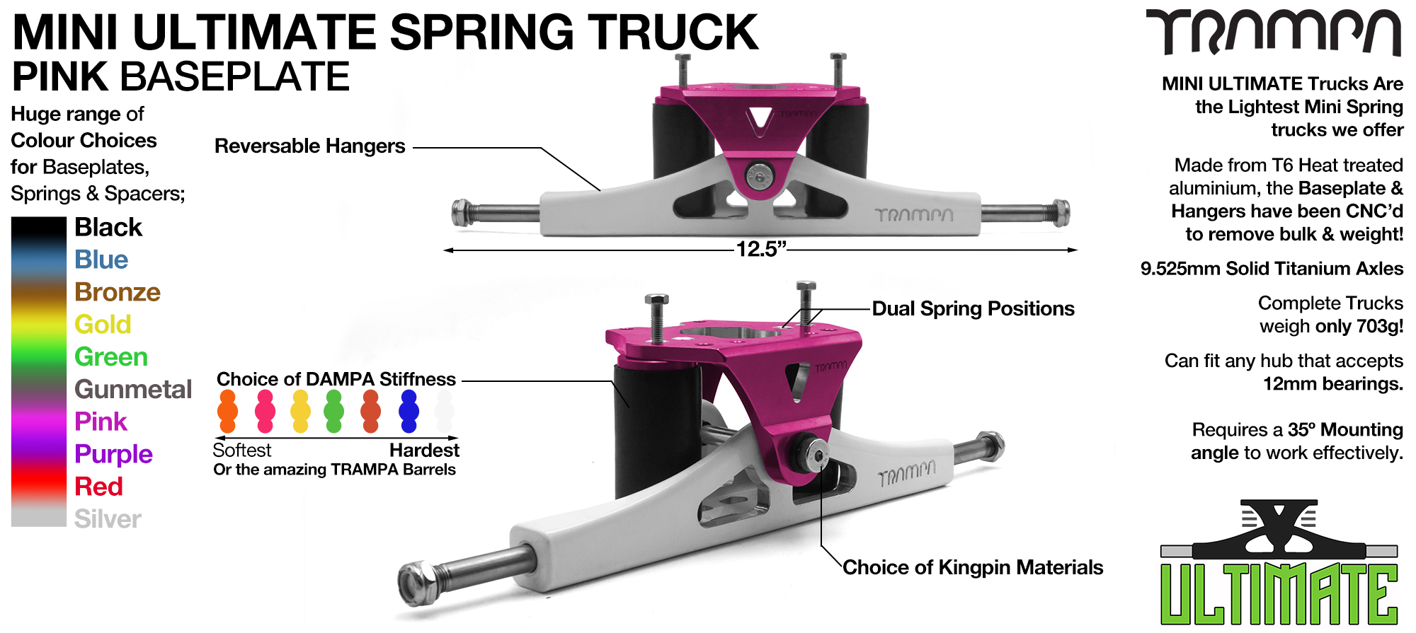 Mini ULTIMATE TRAMPA TRUCKS - CNC FORGED Channel Hanger with 9.525mm TITANIUM Axle CNC Baseplate TITANIUM Kingpin - PINK