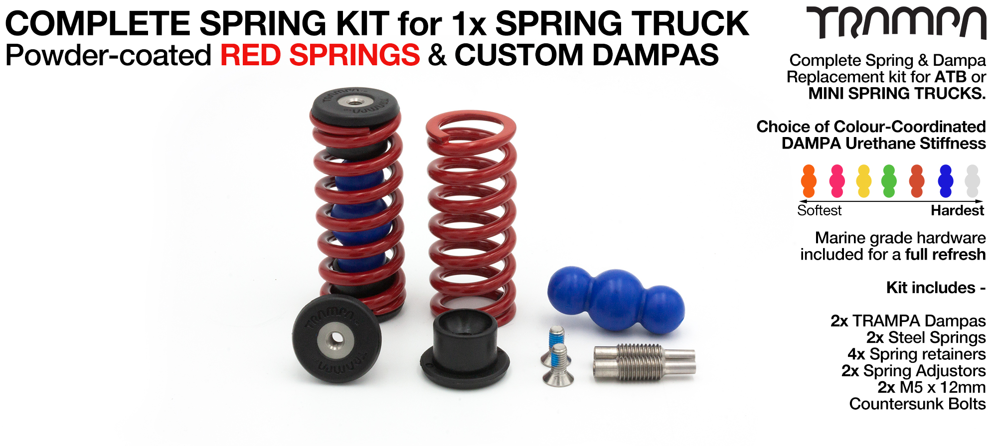 Spring kit Complete for 1x Truck - 2x Spring 2x Dampa 4x Spring Retainers 2x Spring Adjuster & 2 M5x12mm Countersunk Bolt  RED Springs