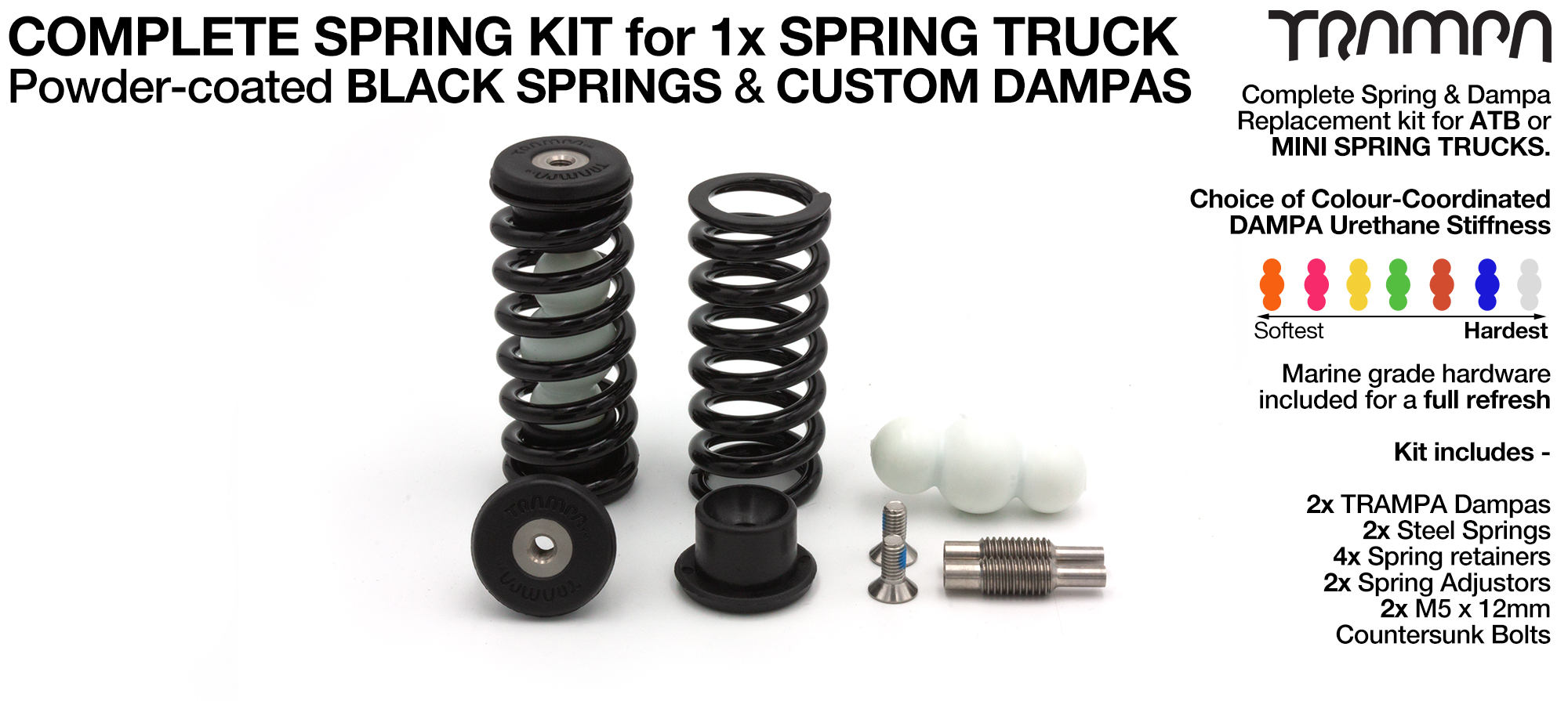 Spring kit Complete for 1x Truck - 2x Spring 2x Dampa 4x Spring Retainers 2x Spring Adjuster & 2 M5x12mm Countersunk Bolt  BLACK Springs 