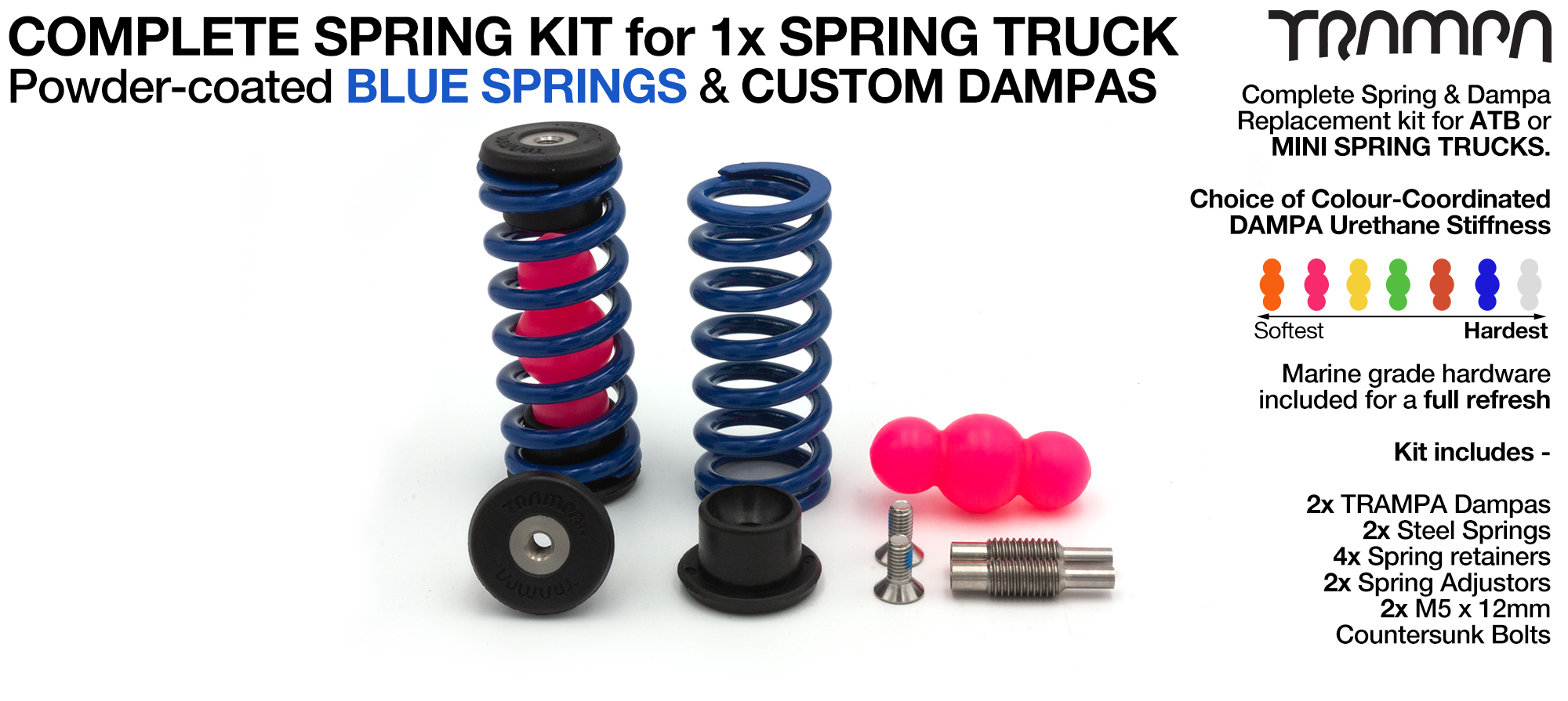 Spring kit Complete for 1x Truck - 2x Spring 2x Dampa 4x Spring Retainers 2x Spring Adjuster & 2 M5x12mm Countersunk Bolt  BLUE Springs  