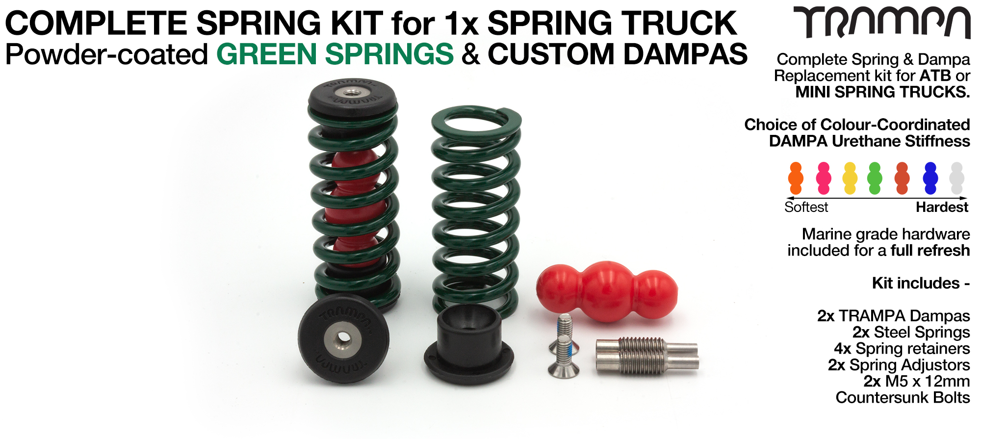 Spring kit Complete for 1x Truck - 2x Spring 2x Dampa 4x Spring Retainers 2x Spring Adjuster & 2 M5x12mm Countersunk Bolt  GREEN Springs 