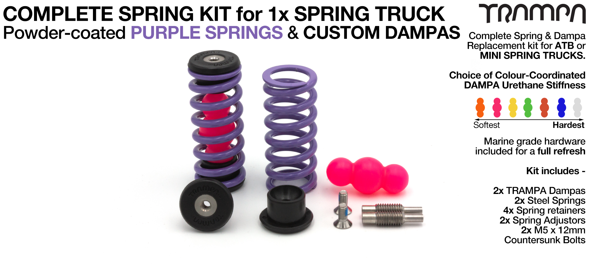 Spring kit Complete for 1x Truck - 2x Spring 2x Dampa 4x Spring Retainers 2x Spring Adjuster & 2 M5x12mm Countersunk Bolt PURPLE Springs 