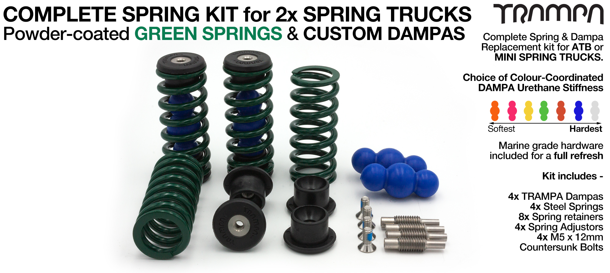 Complete Spring kit for 1x Board = 4x GREEN Springs 4x Dampa 8x Spring Retainers 4x Spring Adjuster & 4 M5x12mm Countersunk Bolt   