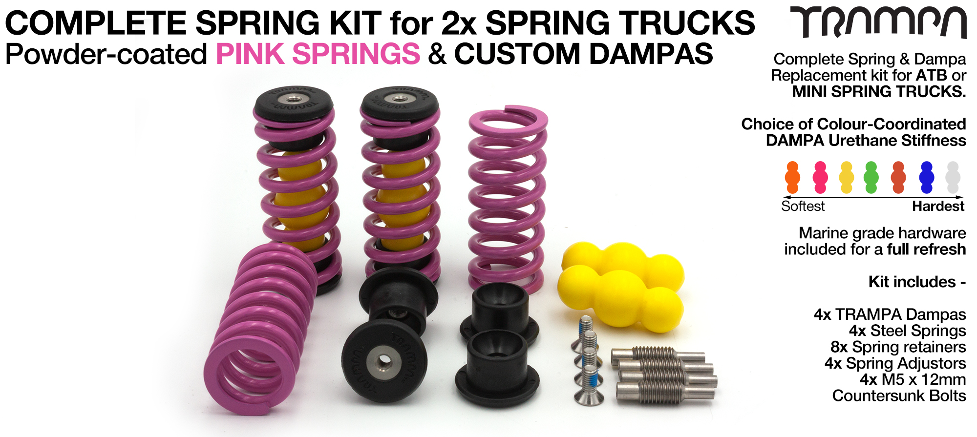 Complete Spring kit for 1x Board = 4x PINK Springs 4x Dampa 8x Spring Retainers 4x Spring Adjuster & 4 M5x12mm Countersunk Bolt