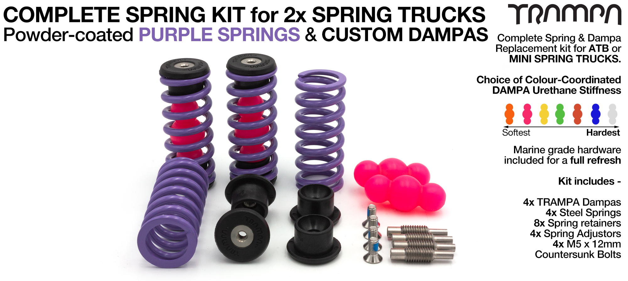 Complete Spring kit for 1x Board = 4x PURPLE Springs 4x Dampa 8x Spring Retainers 4x Spring Adjuster & 4 M5x12mm Countersunk Bolt