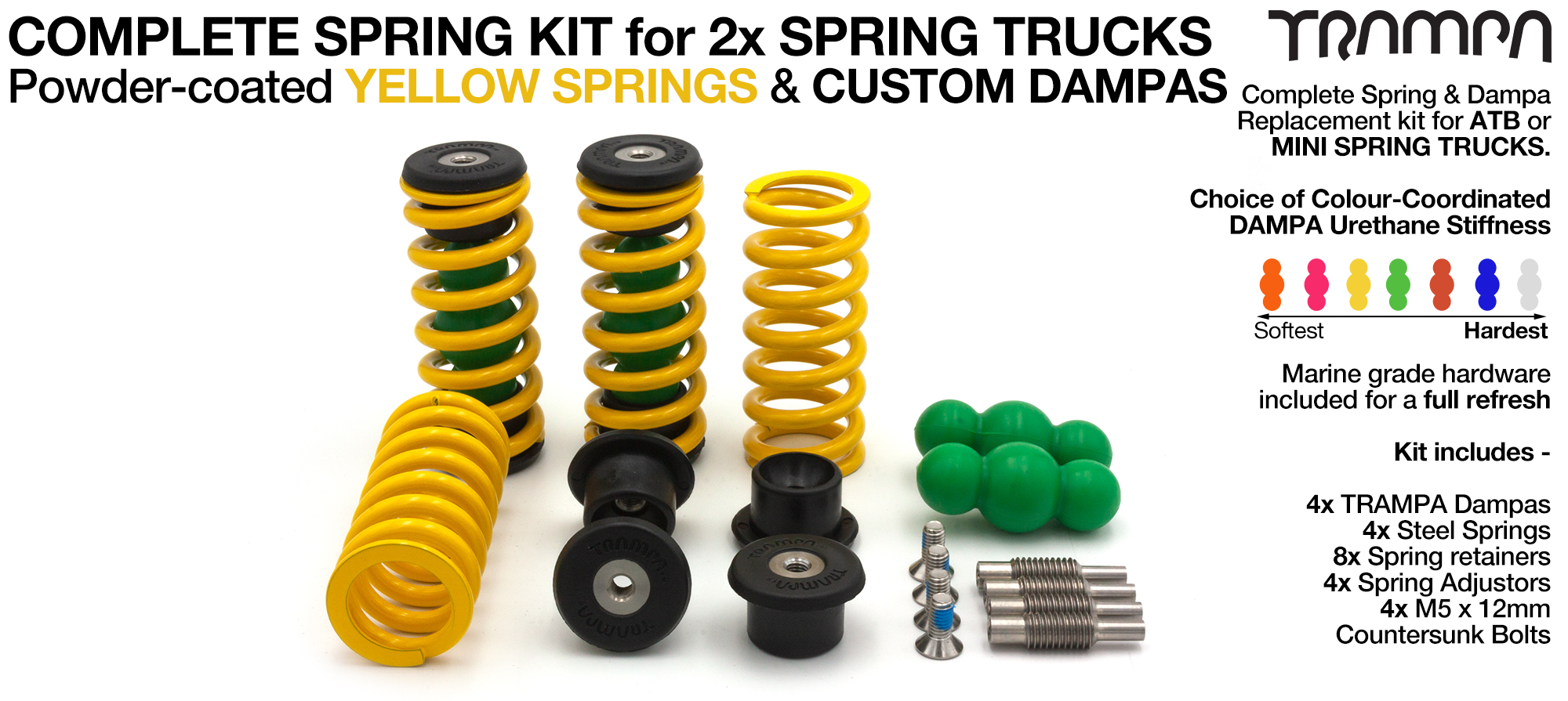 Complete Spring kit for 1x Board = 4x YELLOW Springs 4x Dampa 8x Spring Retainers 4x Spring Adjuster & 4 M5x12mm Countersunk Bolt 