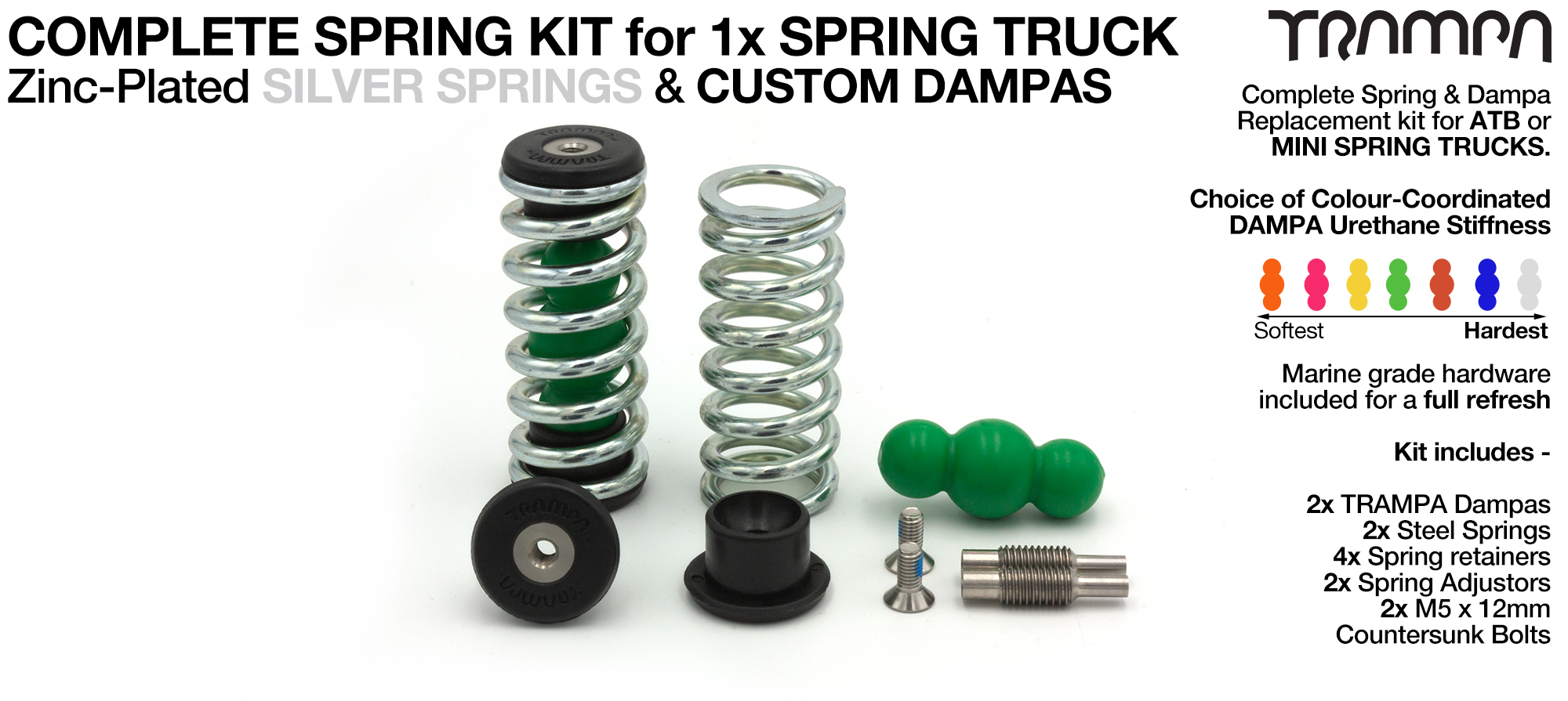 Spring kit Complete for 1x Truck - 2x Spring 2x Dampa 4x Spring Retainers 2x Spring Adjuster & 2 M5x12mm Countersunk Bolt  SILVER Springs 