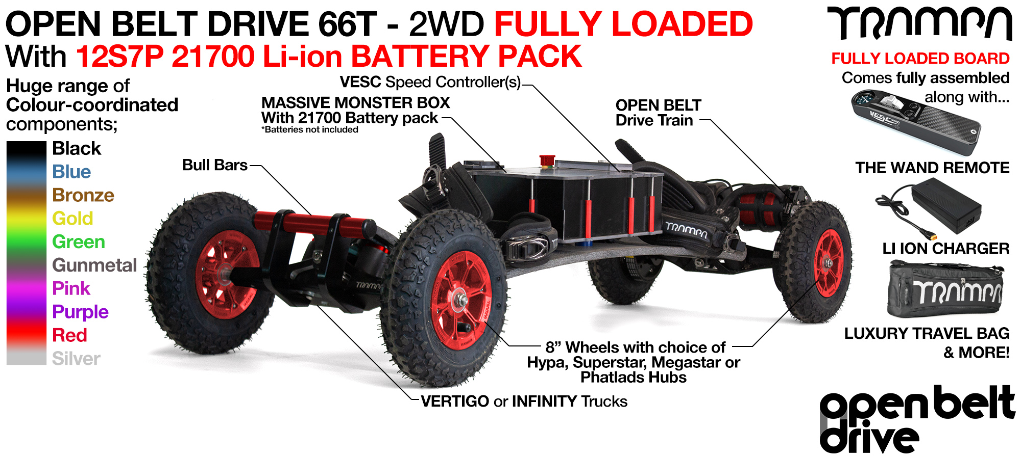 2WD 66T Open Belt Drive TRAMPA Electric Mountainboard with 8 Inch Wheels & 66 Tooth Pulleys - FULLY LOADED 21700 CELL Pack