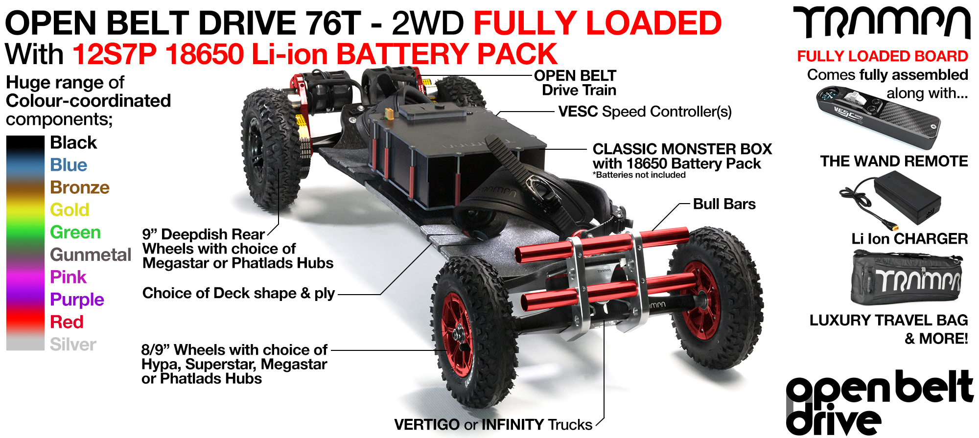 2WD 76T Open Belt Drive TRAMPA Electric Mountainboard with 9Inch Wheels & 76 Tooth Pulleys - FULLY LOADED 18650 Cell Pack