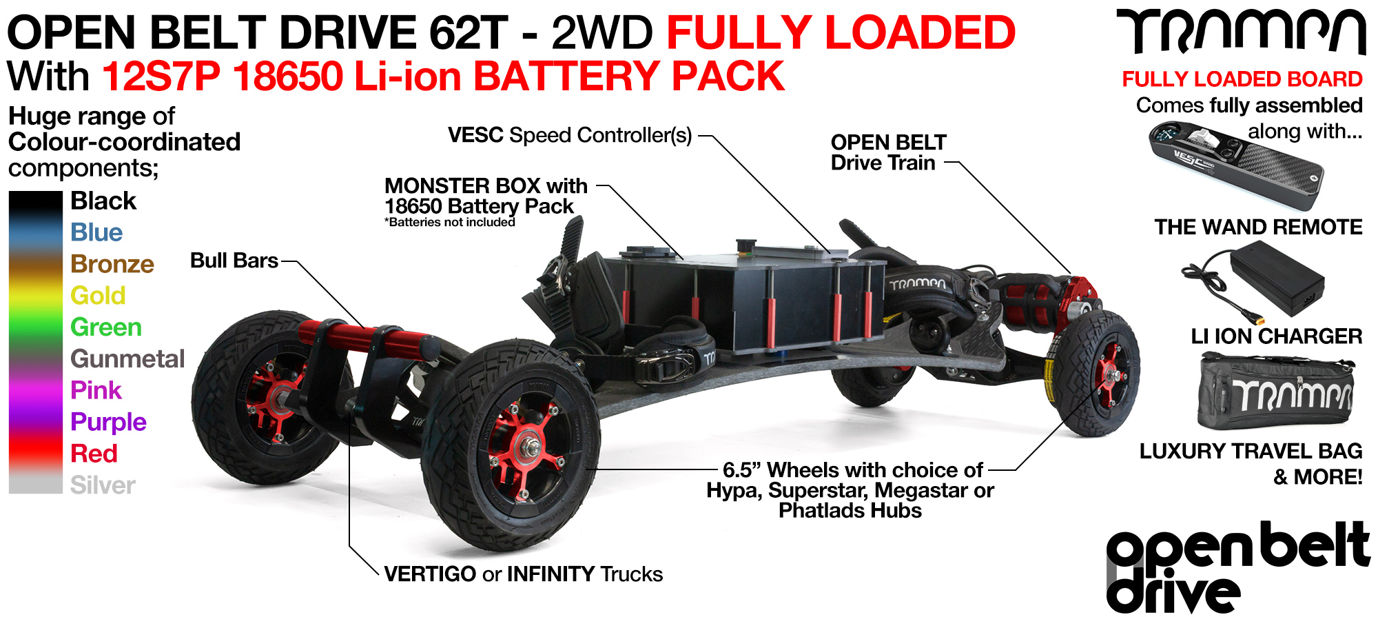 2WD 66T Open Belt Drive TRAMPA Electric Mountainboard with 6 Inch URBAN TREADs Wheels & 62 Tooth Pulleys - FULLY LOADED 18650 CELL Pack