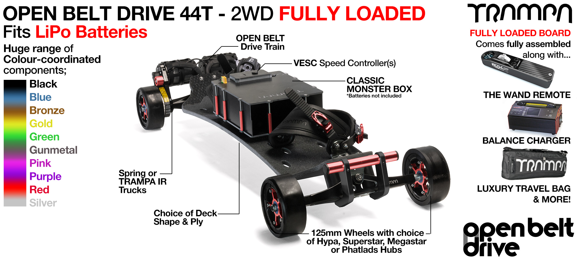 2WD 66T Open Belt Drive TRAMPA Electric Mountainboard with 125mm GUMMIES Giant Longboard Wheels & 44 Tooth Pulleys - FULLY LOADED Li-Po