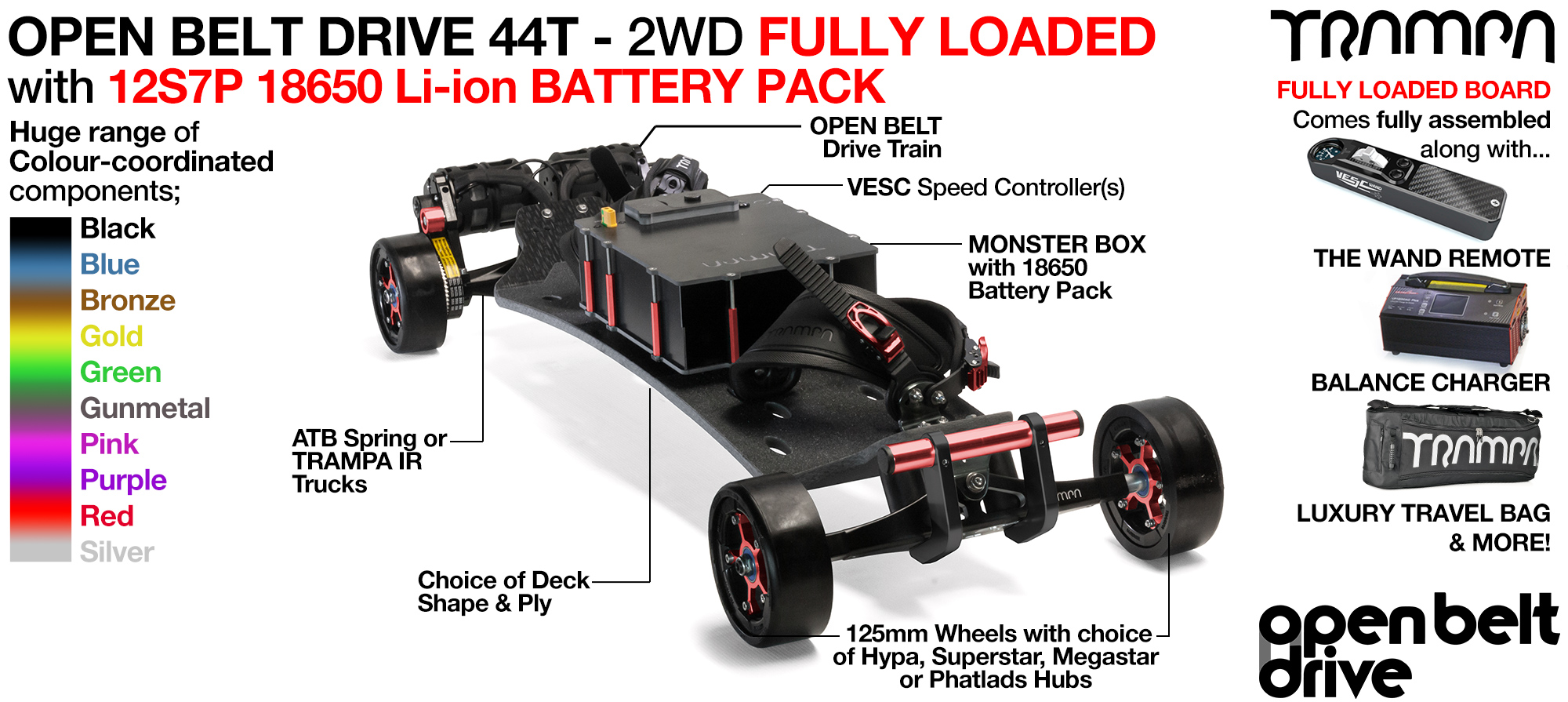 2WD 66T Open Belt Drive TRAMPA Electric Mountainboard with 125mm GUMMIES Giant Longboard Wheels & 44 Tooth Pulleys - FULLY LOADED 18650 CELL Pack