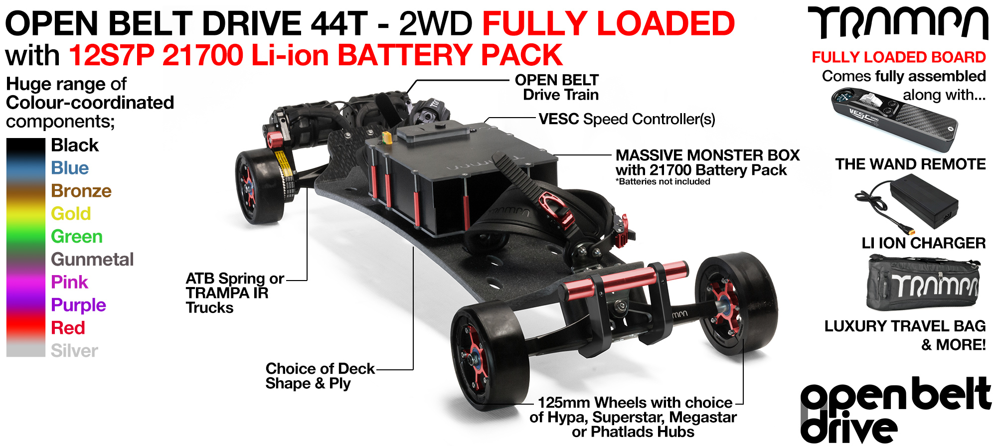 2WD 66T Open Belt Drive TRAMPA Electric Mountainboard with 125mm GUMMIES Giant Longboard Wheels & 44 Tooth Pulleys - FULLY LOADED 21700 CELL Pack