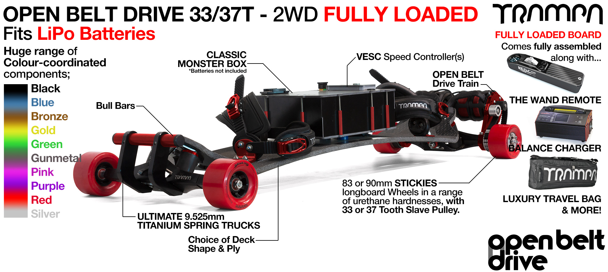 2WD 66T Open Belt Drive TRAMPA E-MTB with 83 or 90mm STICKIES Wheels & 33/37 Tooth Pulleys - FULLY LOADED Li-Po