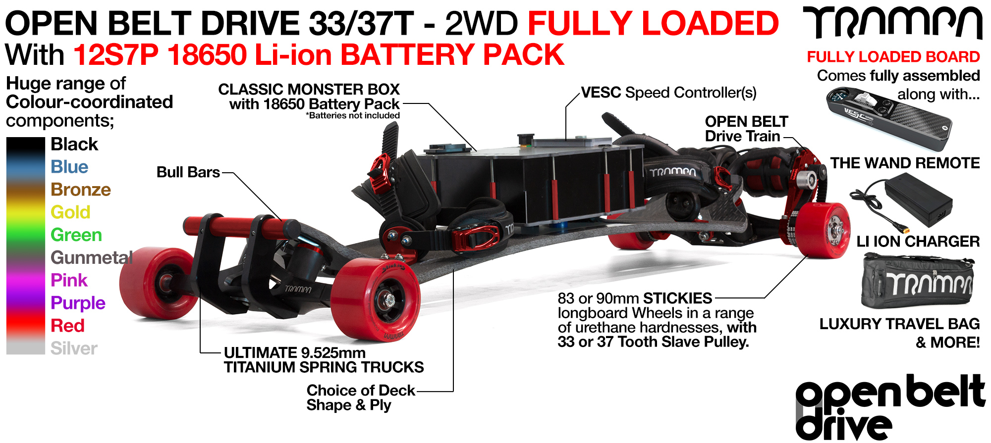 2WD 66T Open Belt Drive TRAMPA E-MTB with 83 or 90mm STICKIES Wheels & 33/37 Tooth Pulleys - FULLY LOADED 18650 CELL Pack