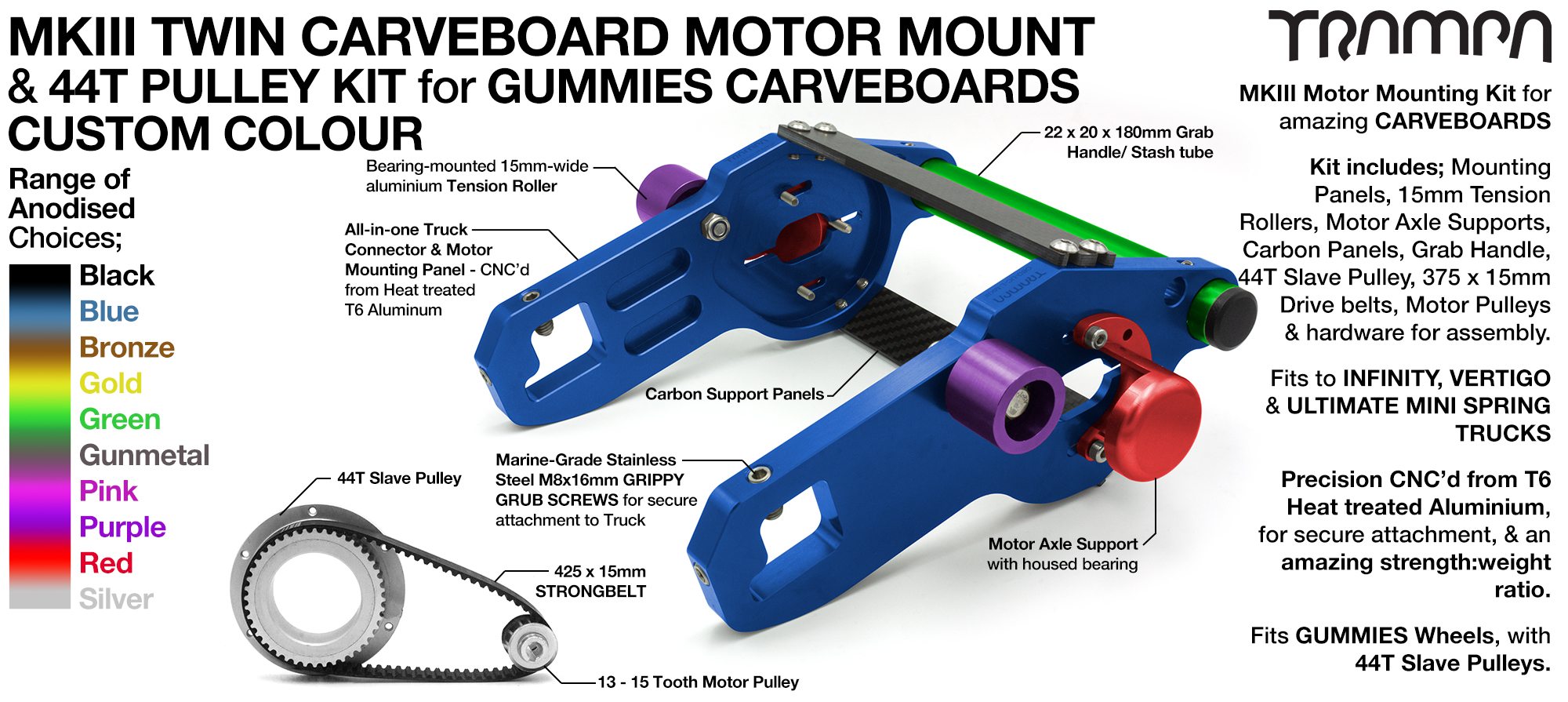 MkIII GUMMIES CARVEBOARD Motormount Connector Panel & 44 Tooth Pulleys - TWIN