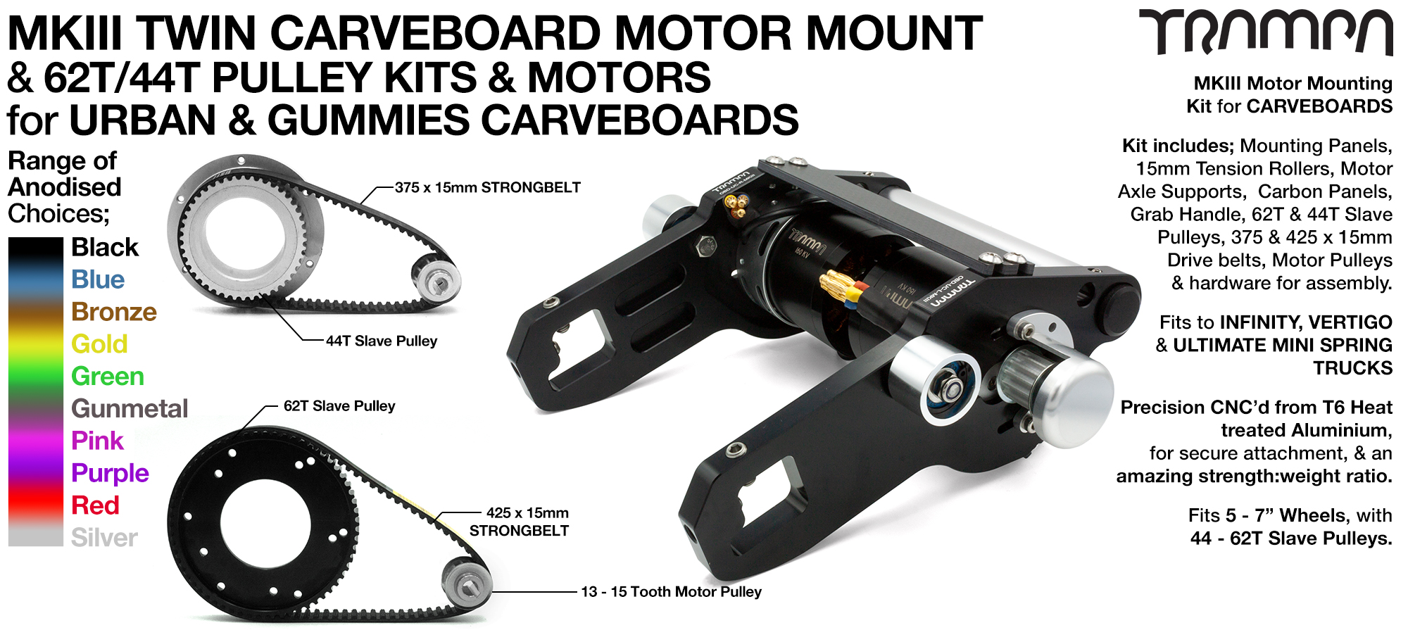 MkIII 2in1 CARVEBOARD Motormount with 44 tooth GUMMY & 62 tooth URBAN Pulleys & TRAMPA Motor - TWIN