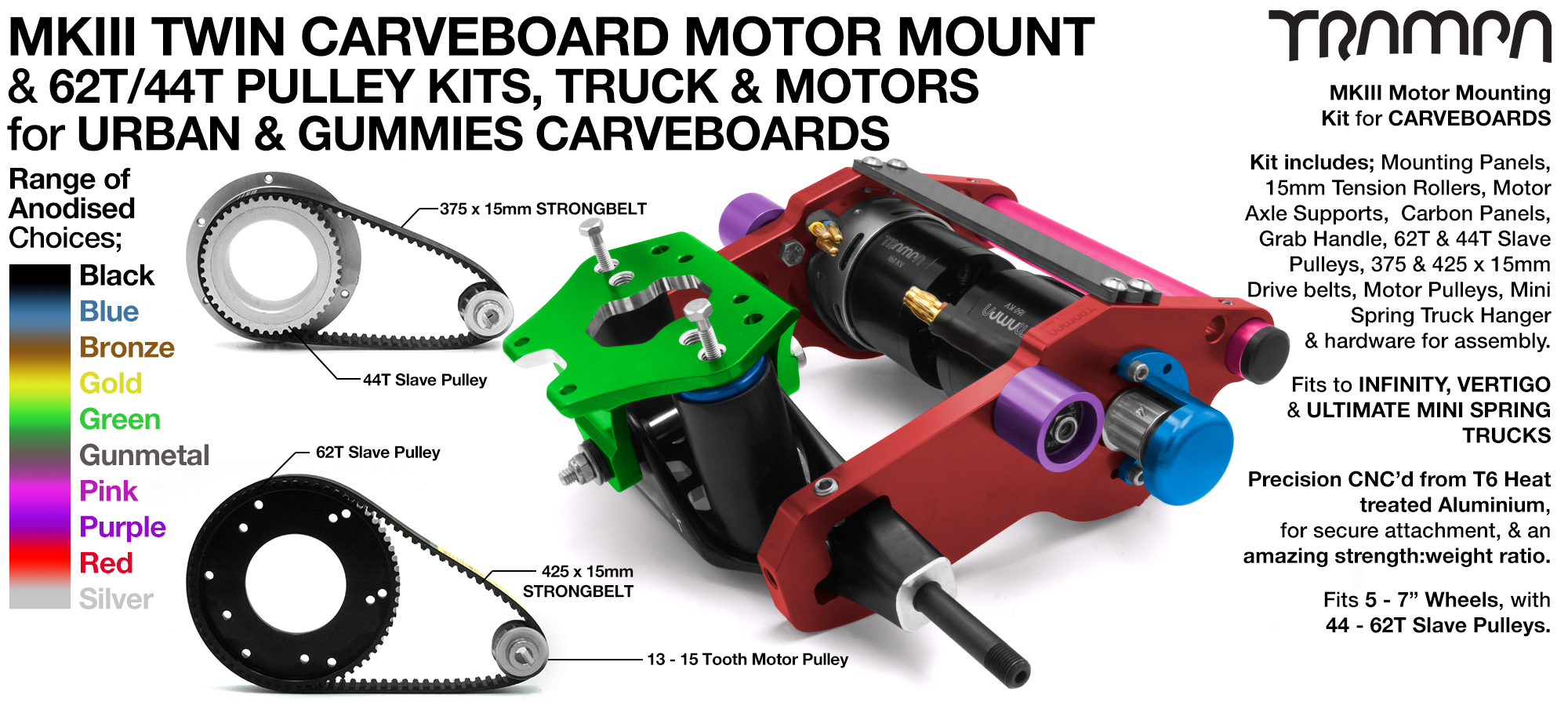 MkIII 2in1 CARVEBOARD Motormount On a TRUCK with 44 tooth GUMMY & 62 tooth URBAN Pulley kits & TRAMPA Motor - TWIN