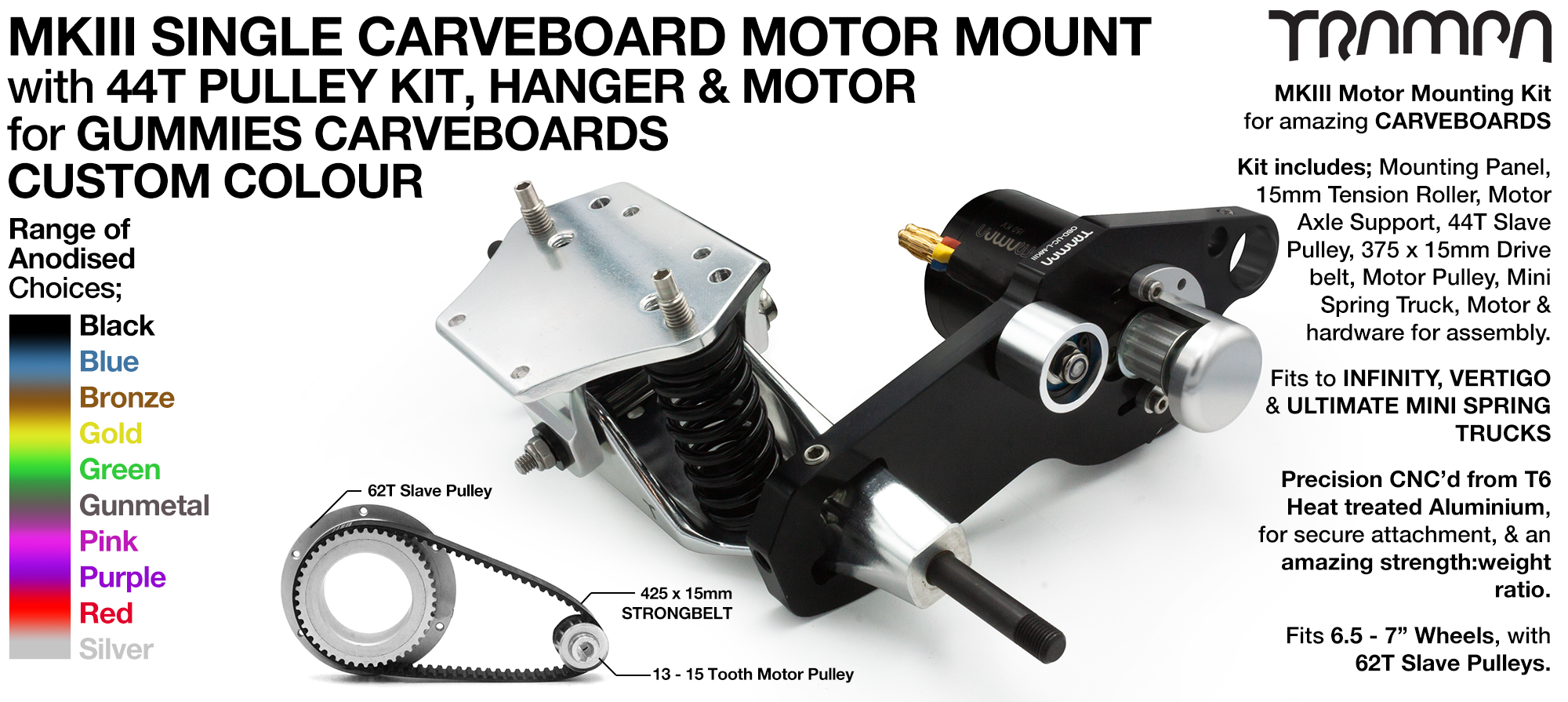 MkIII GUMMIES CARVEBOARD Motormount on a TRUCK with 44 Tooth Pulley Kit & Motor - SINGLE