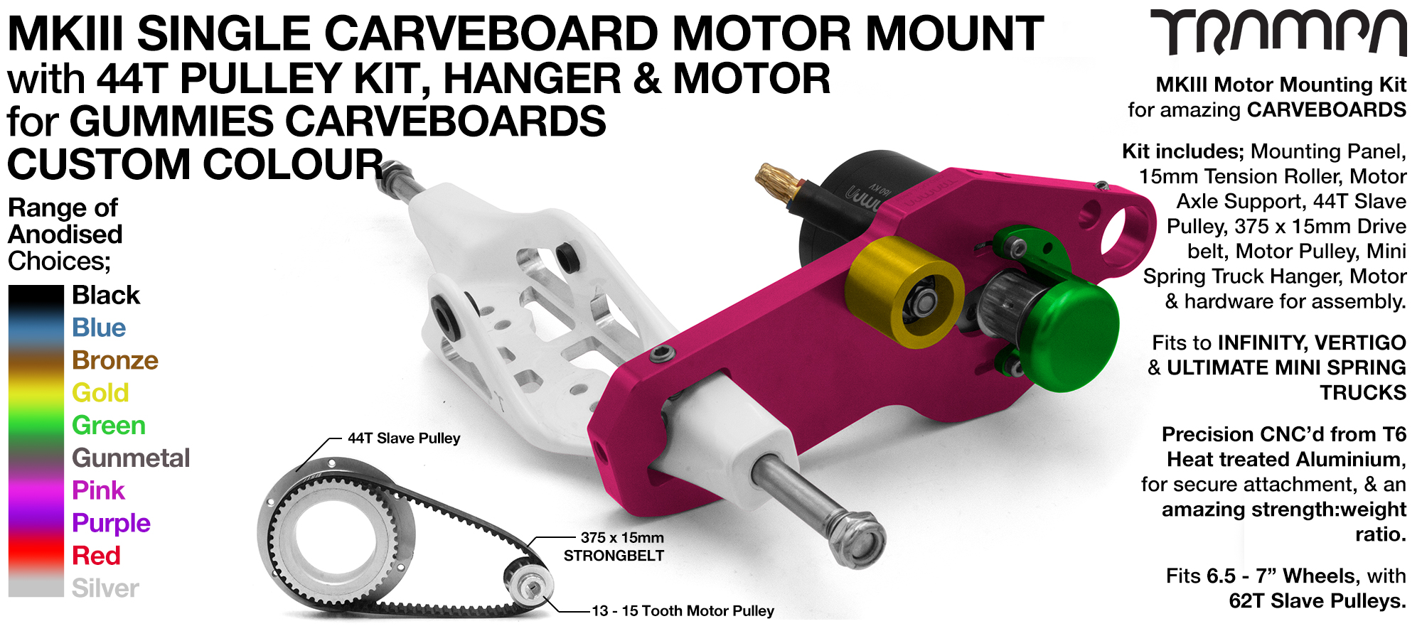 MkIII GUMMIES CARVEBOARD Motormount on a Mini HANGER with 44 Tooth Pulley Kit & Motor - SINGLE