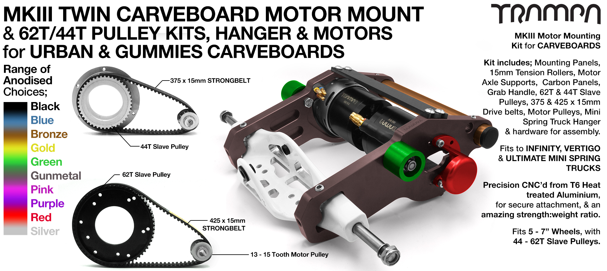 MkIII 2in1 CARVEBOARD Motormount on a HANGER with 44 tooth GUMMY & 62 tooth URBAN Pulleys & TRAMPA Motor - TWIN