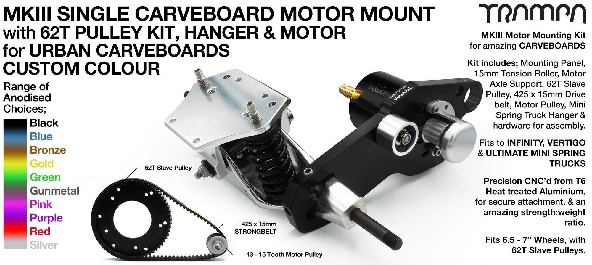 MkIII URBAN CARVEBOARD Motormount on a TRUCK with 44 Tooth Pulley Kit & Motor - SINGLE