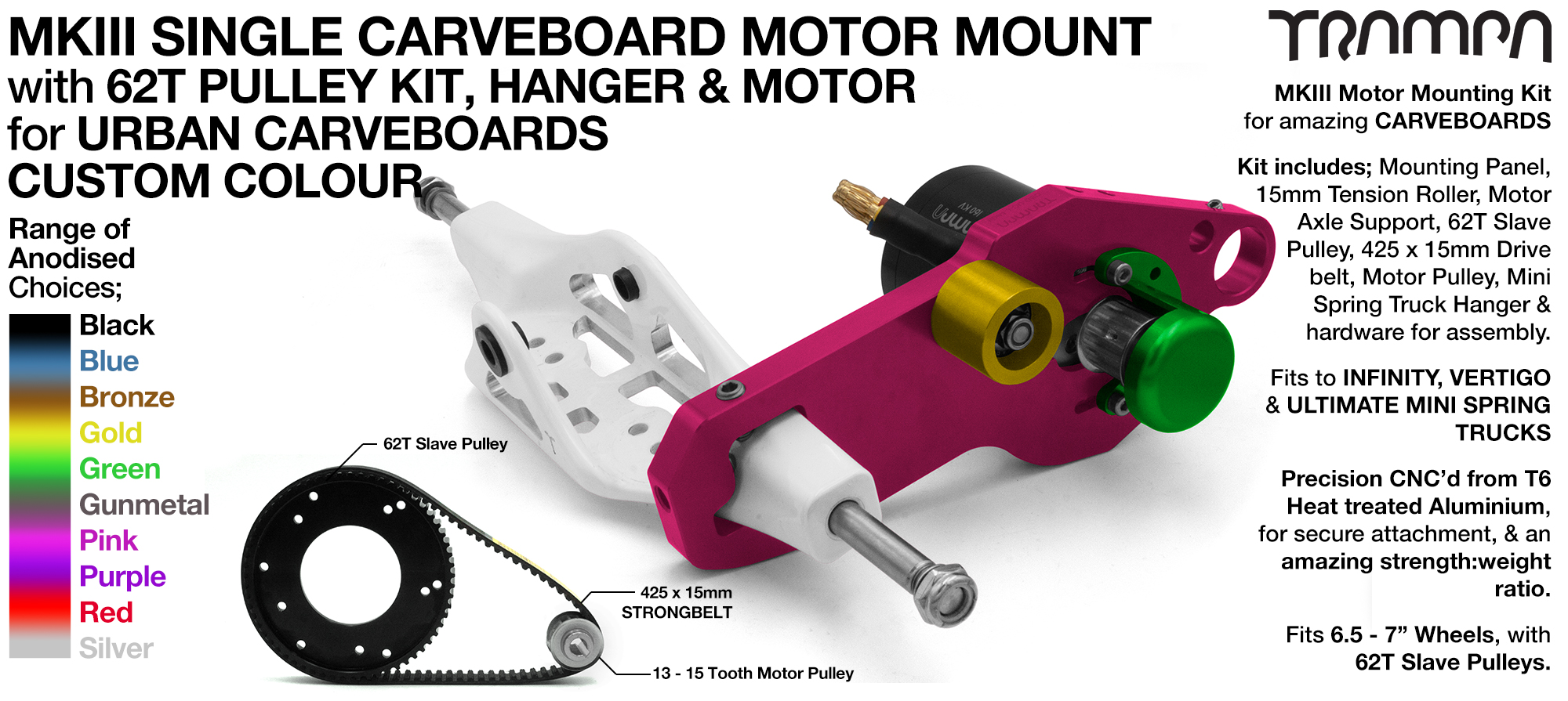 MkIII URBAN CARVEBOARD Motormount on a Mini HANGER with 62 Tooth Pulley Kit & Motor - SINGLE