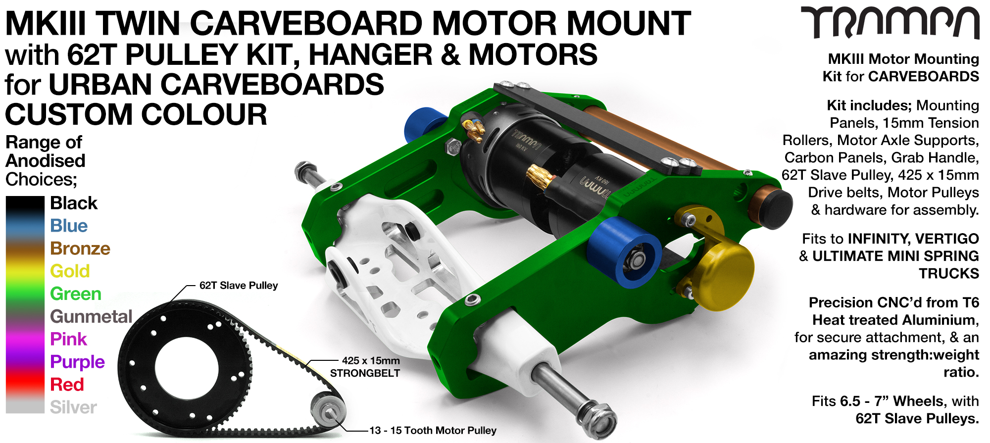 MkIII URBAN CARVEBOARD Motor mount Connector Panel on a HANGER with 44 Tooth Pulley Kit & Motor - TWIN