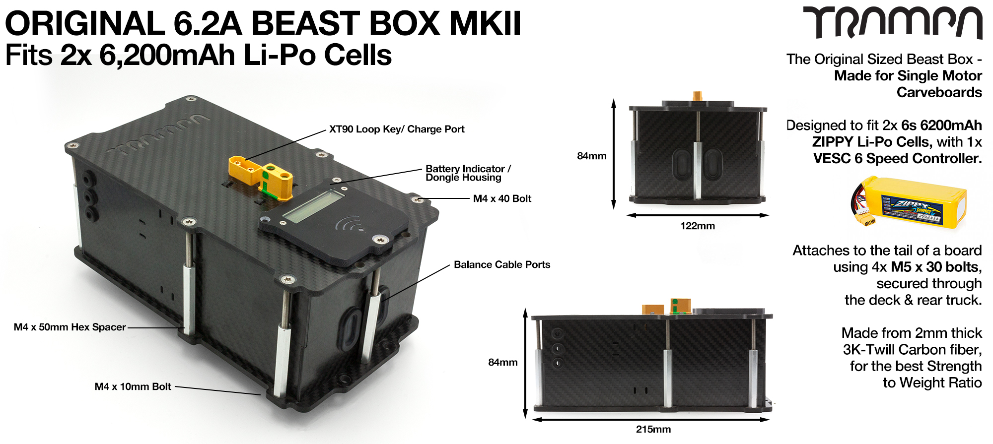 MkII 6.2Ah BEAST Box fits 2x Zippy Compact 6200 mAh cells with Internal VESC Housing 