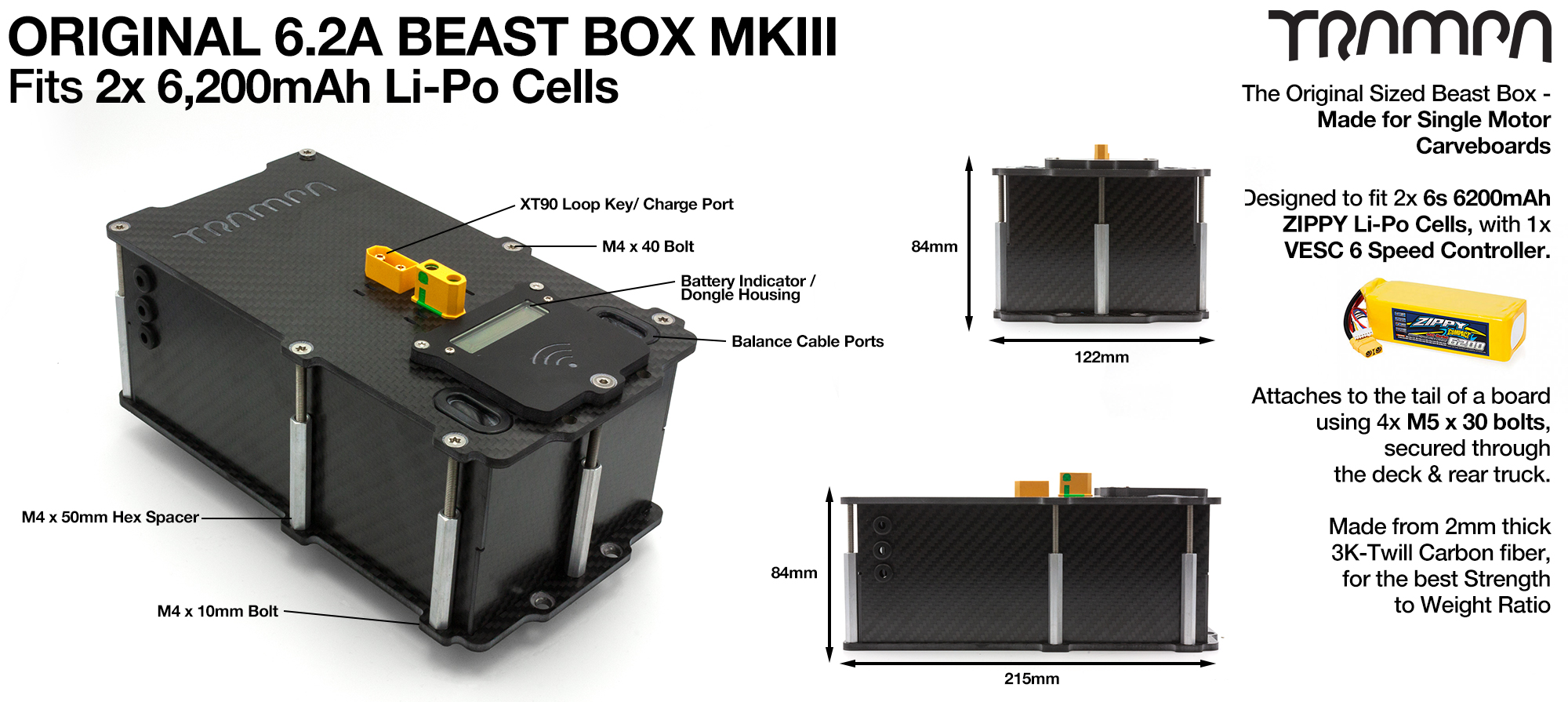 MkIII 6.2Ah BEAST Box fits 2x Zippy Compact 6200 mAh cells with Internal VESC Housing  