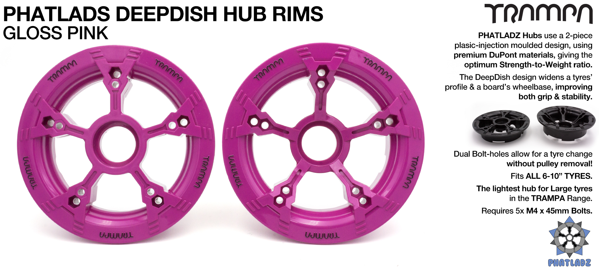 PHATLADS - 5 Spoke Hub Deep Dish Split Rim hub natural PINK with Black Logo fits 6,7,8,9 & 10 Inch tyres!! Amazing - NO BOLTS 