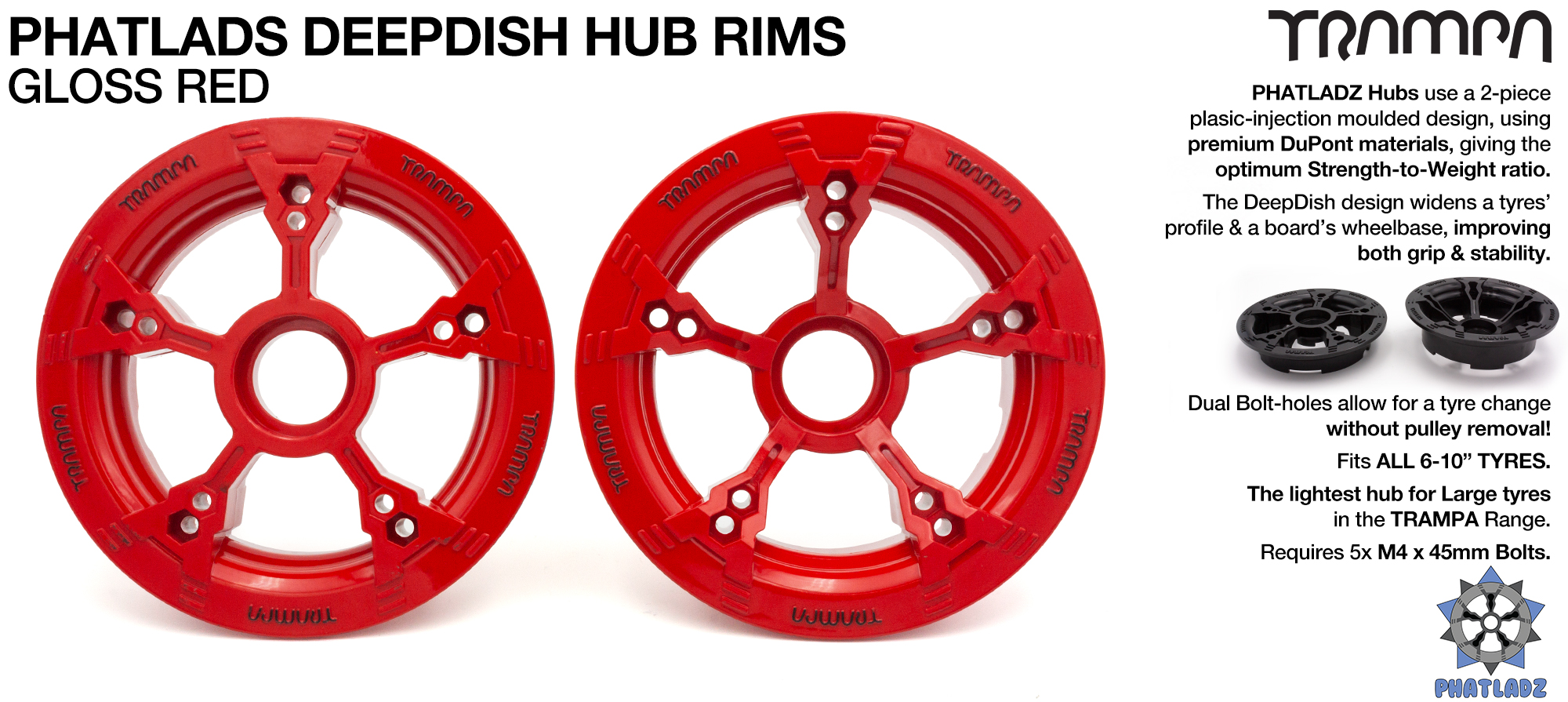PHATLADS - 5 Spoke Hub Deep Dish Split Rim hub natural RED with Black Logo fits 6,7,8,9 & 10 Inch tyres!! Amazing - NO BOLTS 