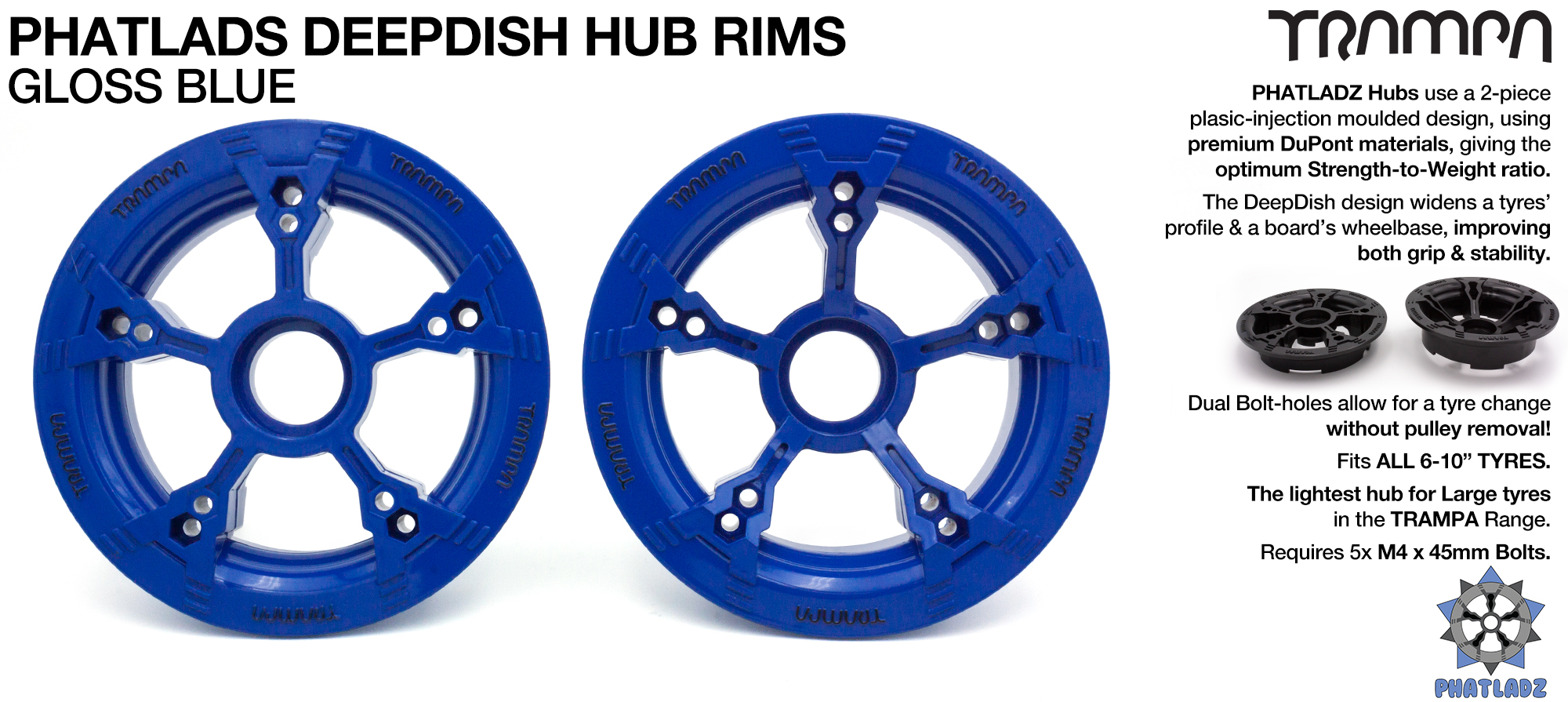 PHATLADS - 5 Spoke Hub Deep Dish Split Rim hub natural BLUE with Black Logo fits 6,7,8,9 & 10 Inch tyres!! Amazing - NO BOLTS
