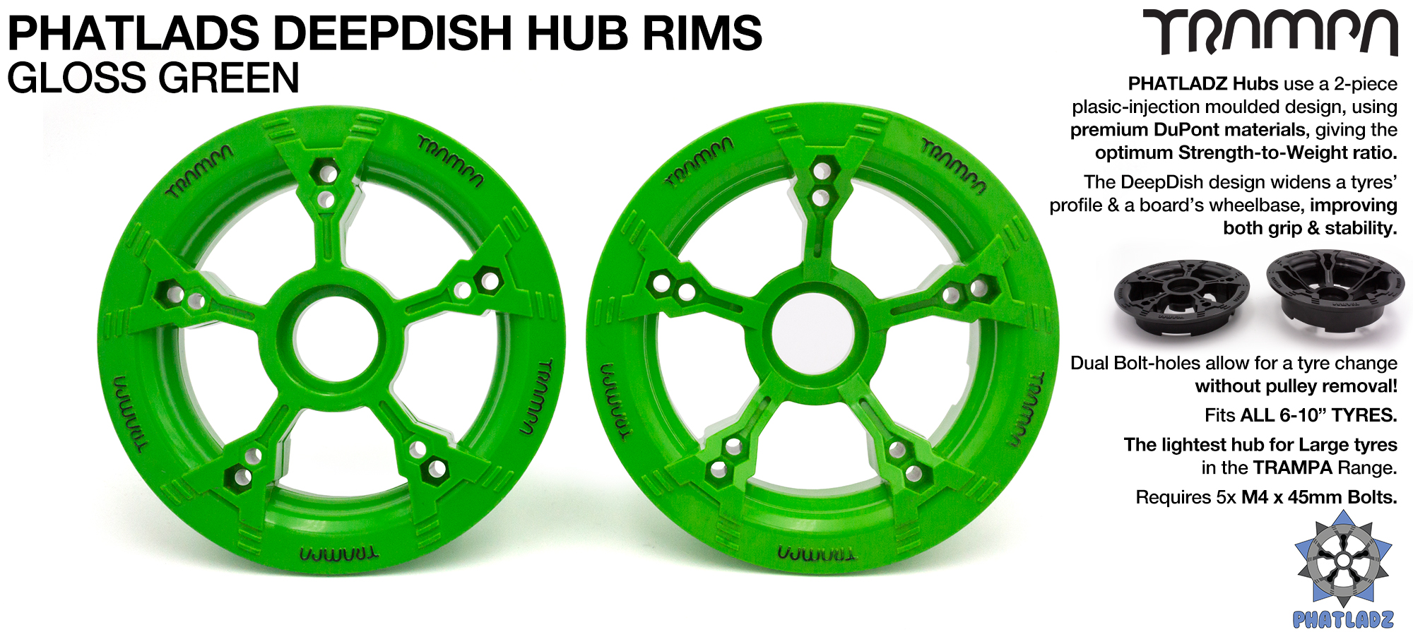 PHATLADS - 5 Spoke Hub Deep Dish Split Rim hub natural GREEN with Black Logo fits 6,7,8,9 & 10 Inch tyres!! Amazing - NO BOLTS 