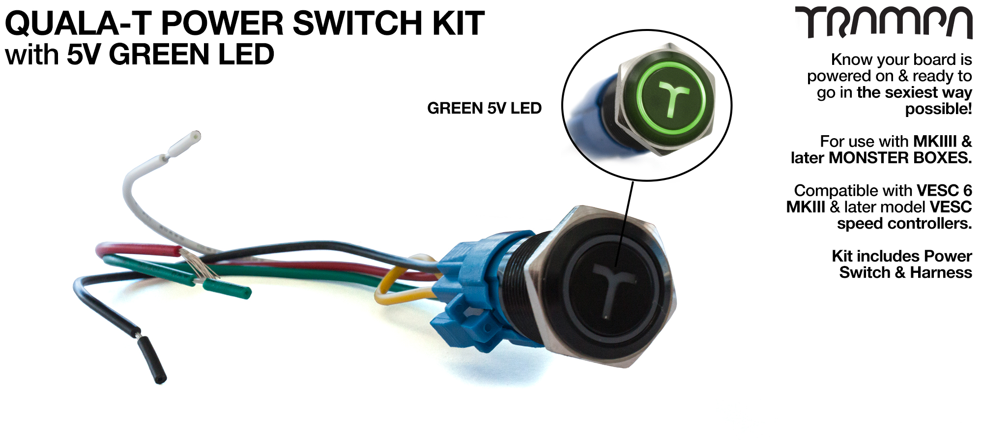 GREEN LED QUALA-T Power Switch Kit with 16mm Fixing Nut & Cable Harness 