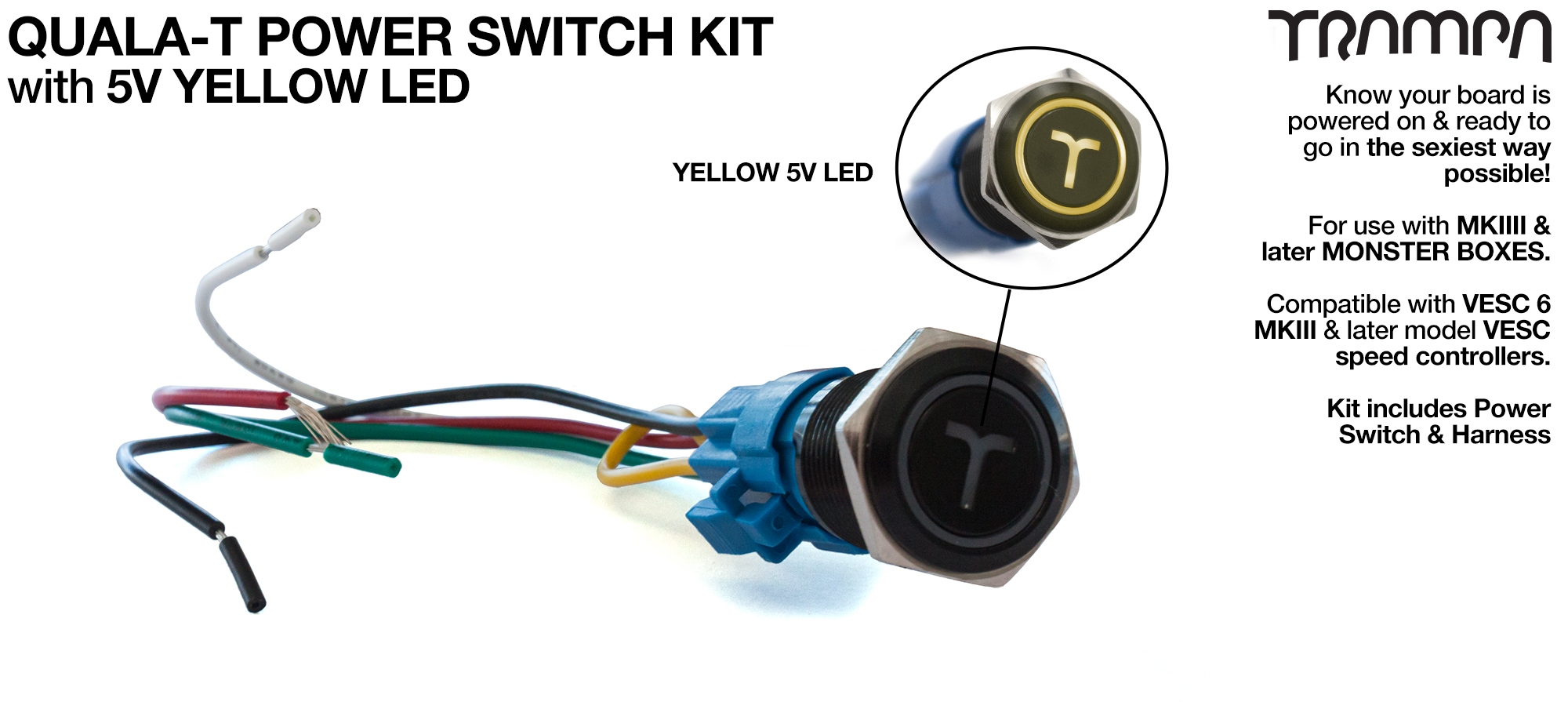YELLOW LED QUALA-T Power Switch Kit with 16mm Fixing Nut & Cable Harness 