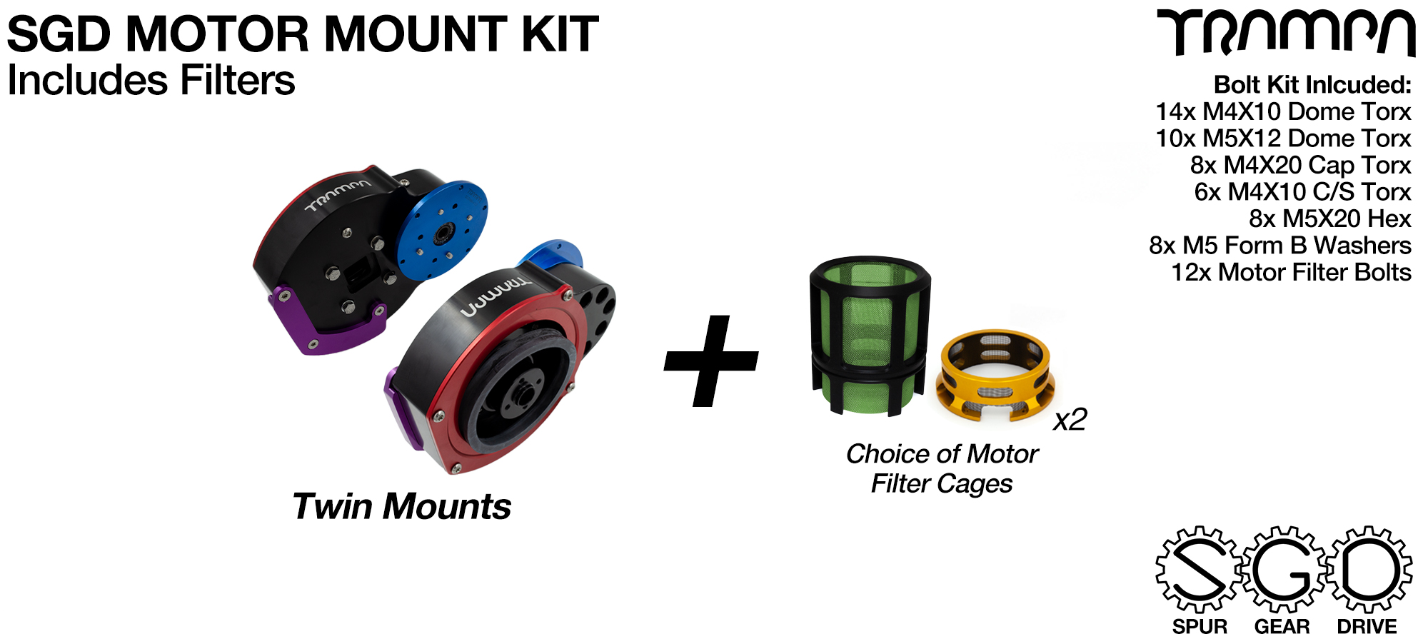 Mountainboard Spur Gear Drive TWIN Motor Mount with FILTERS - NO Pulleys & NO Motors 