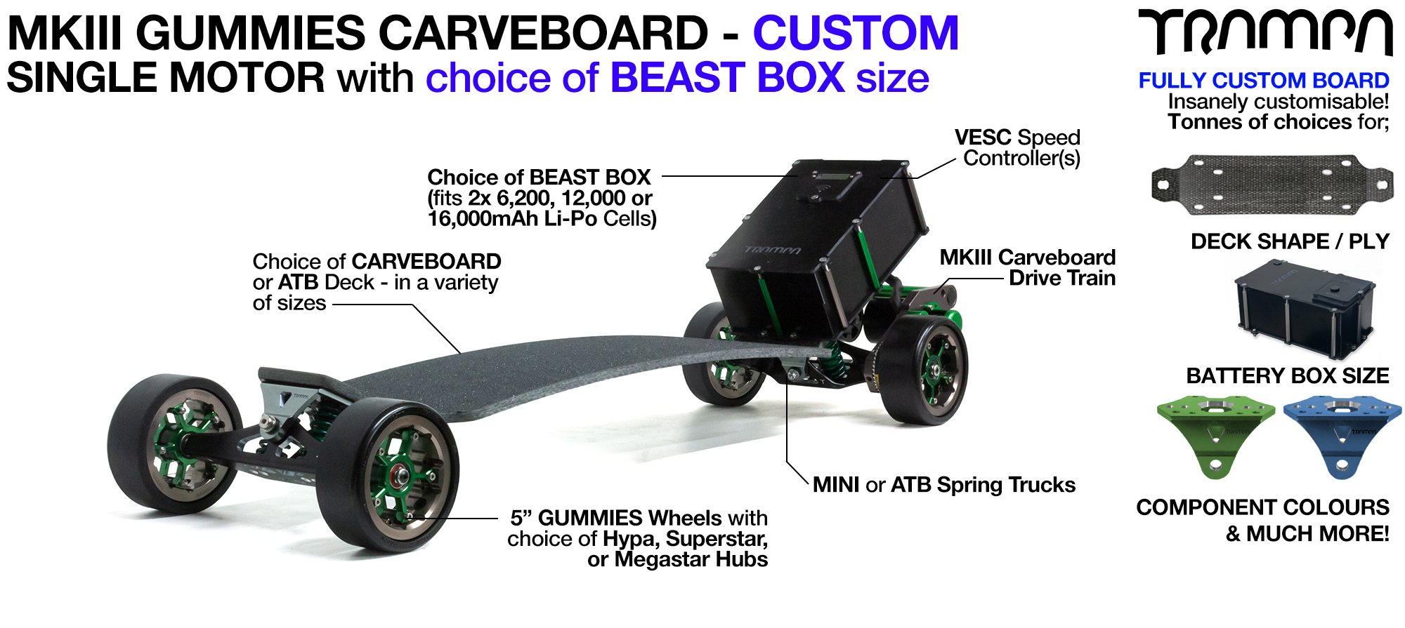 TRAMPA's MkIII Electric GUMMIES Carveboard - uses Mini Spring Trucks with MkIII Carve board Motor Mount's Custom TRAMPA hubs & 125mm GUMMIES longboard Tyres - SINGLE Motor CUSTOM