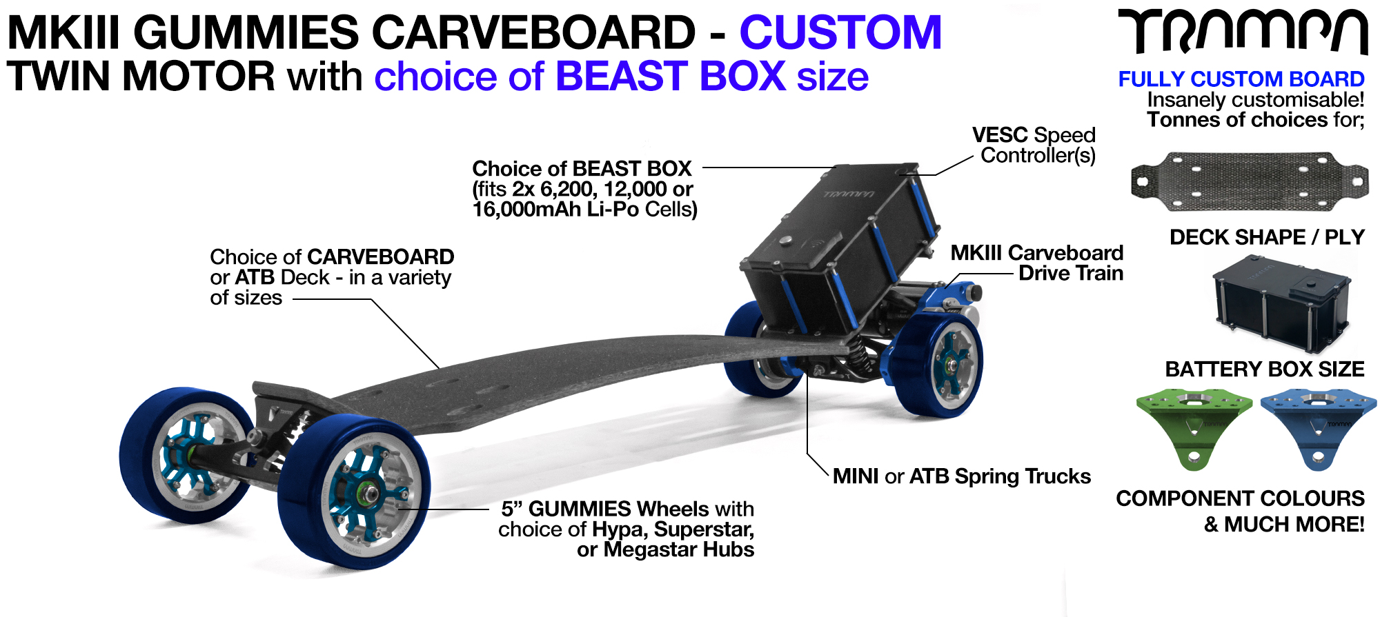 TRAMPA's MkIII Electric GUMMIES Carveboard - uses Mini Spring Trucks with MkIII Carve board Motor Mount's Custom TRAMPA hubs & 125mm GUMMIES longboard Tyres - TWIN Motor CUSTOM