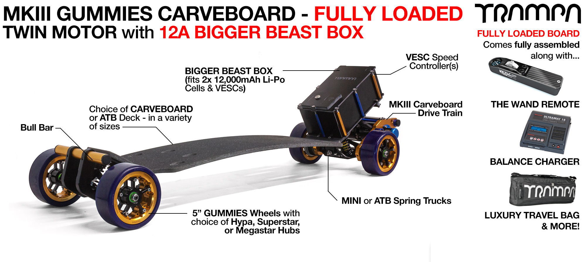 TRAMPA's MkIII Electric GUMMIES Carveboard - uses Mini Spring Trucks with MkIII Carve board Motor Mounts Custom TRAMPA hubs & 125mm GUMMIES longboard Tyres - TWIN Motor 12A FULLY LOADED