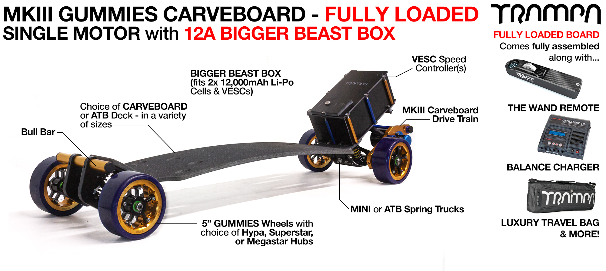 TRAMPA's MkIII Electric GUMMIES Carveboard - uses Mini Spring Trucks with MkIII Carve board Motor Mount's Custom TRAMPA hubs & 125mm GUMMIES longboard Tyres - SINGLE Motor 12A FULLY LOADED 