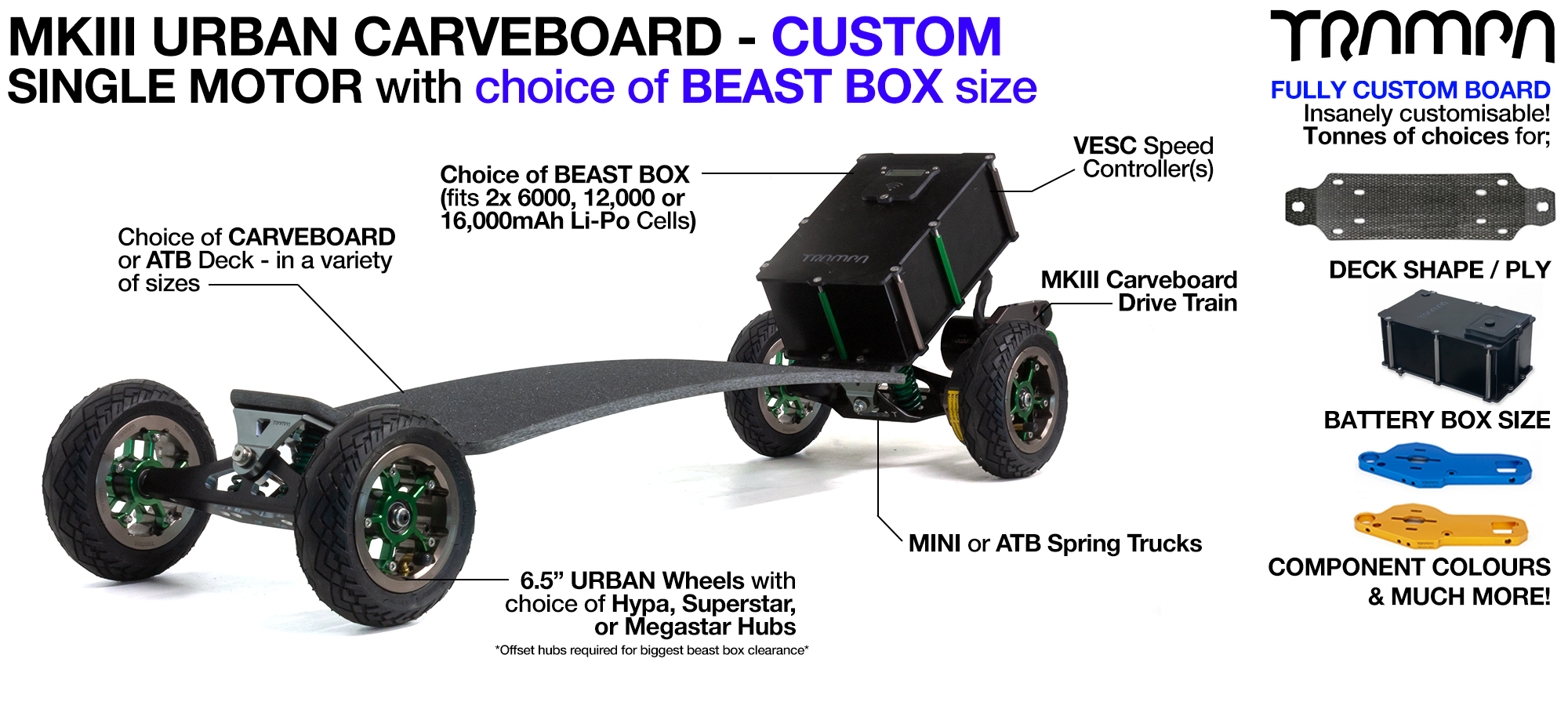 TRAMPA's MkIII Electric URBAN Carveboard - uses Mini Spring Trucks with MkIII Carve board Motor Mount's Custom TRAMPA hubs & 125mm URBAN longboard Tyres - SINGLE Motor CUSTOM