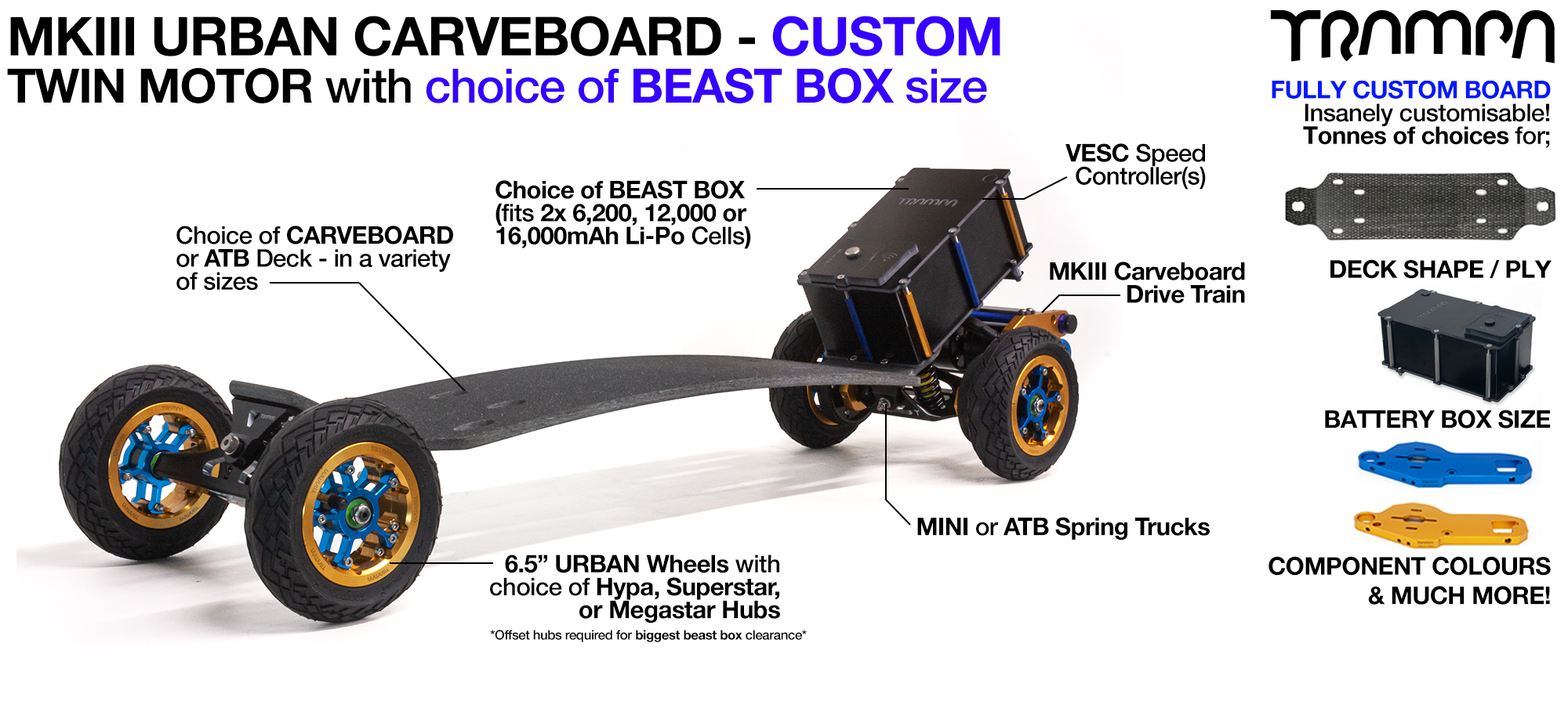 TRAMPA's MkIII Electric URBAN Carveboard - uses Mini Spring Trucks with MkIII Carve board Motor Mount's Custom TRAMPA hubs & 125mm URBAN longboard Tyres - TWIN Motor CUSTOM