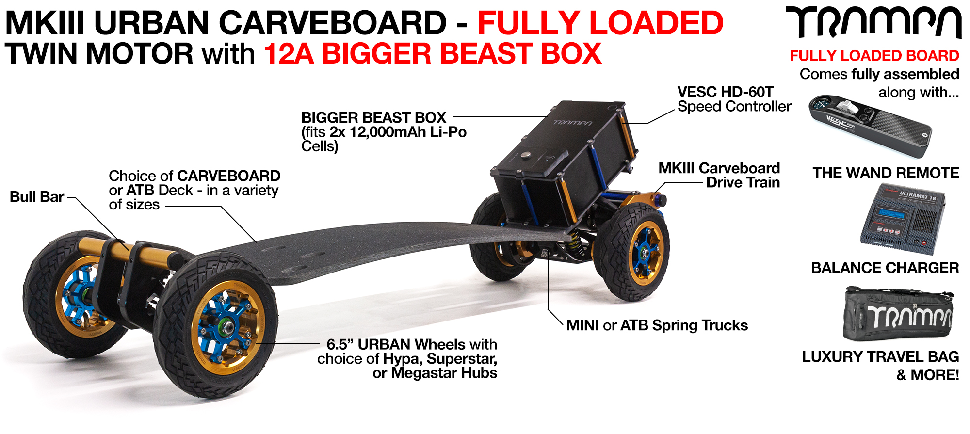 TRAMPA's MkIII Electric URBAN Carveboard - uses Mini Spring Trucks with MkIII Carve board Motor Mounts Custom TRAMPA hubs & 125mm URBAN longboard Tyres - TWIN Motor FULLY LOADED