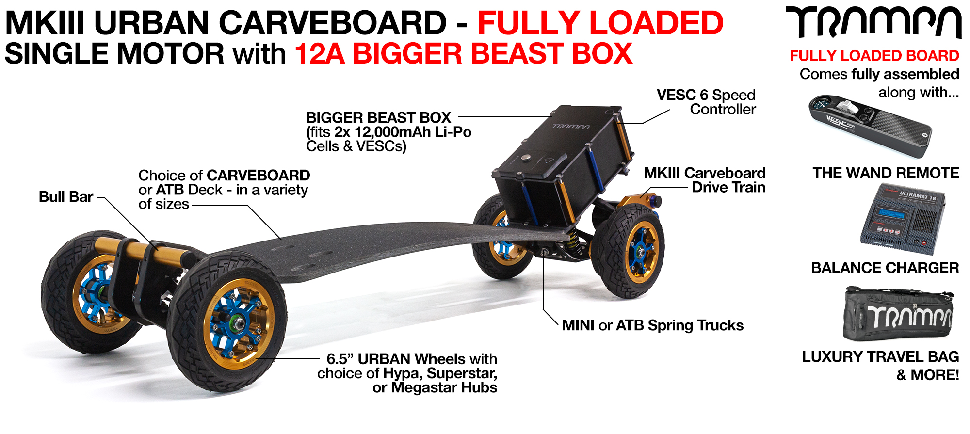 TRAMPA's MkIII Electric URBAN Carveboard - uses Mini Spring Trucks with MkIII Carve board Motor Mount's Custom TRAMPA hubs & 125mm URBAN longboard Tyres - SINGLE Motor 12A FULLY LOADED 