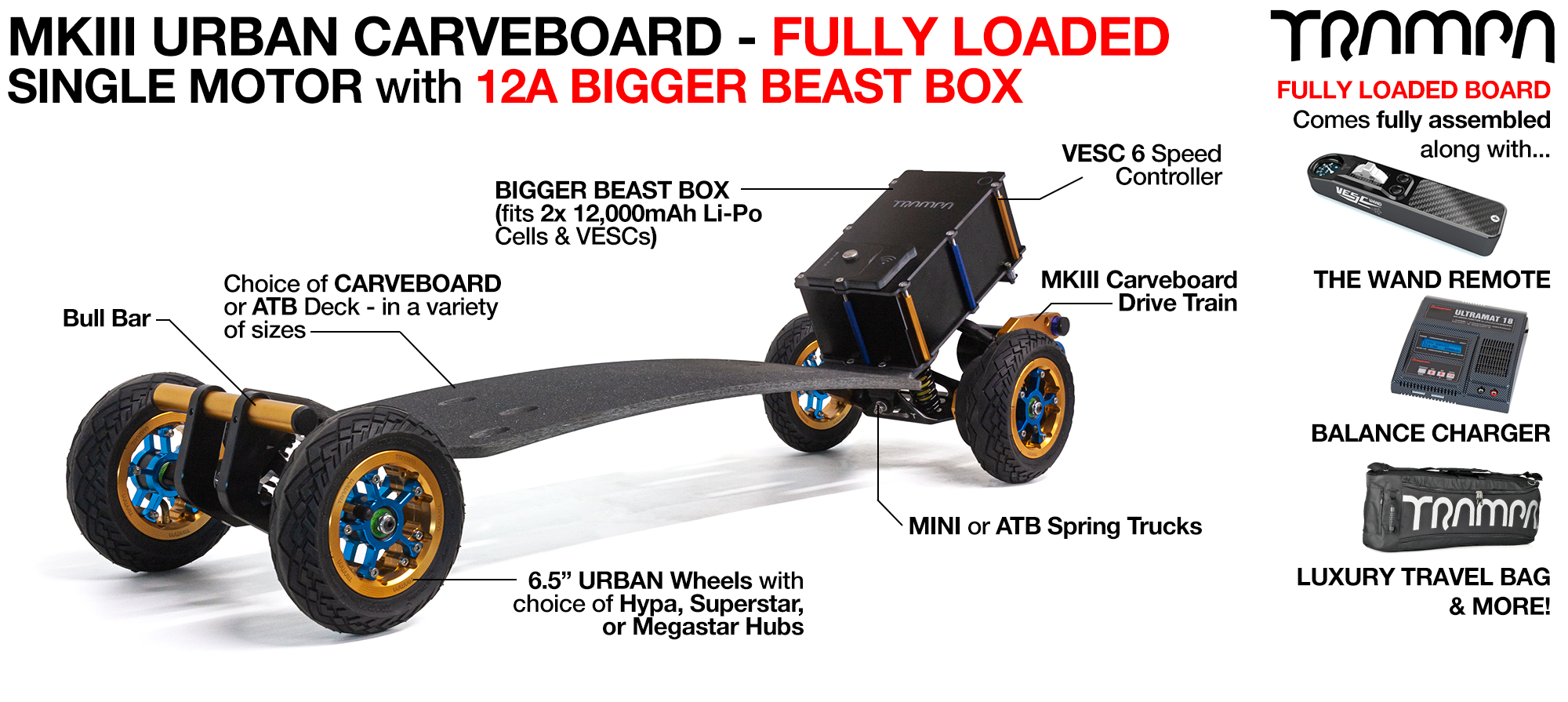 TRAMPA MkIII URBAN ELECTRIC Carveboard SINGLE motor VESC 6 - 12A FULLY  LOADED