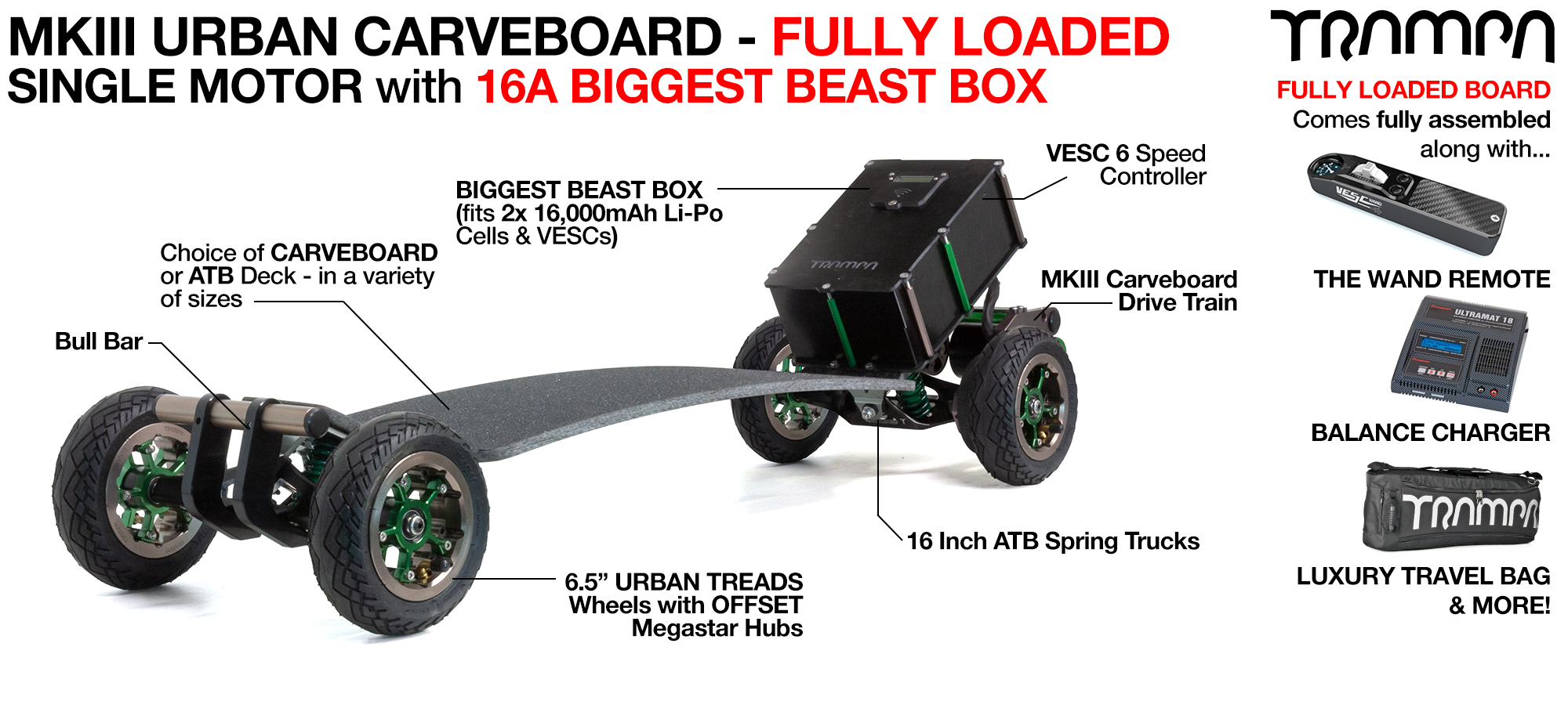 TRAMPA's MkIII Electric URBAN Carveboard - uses Mini Spring Trucks with MkIII Carve board Motor Mount's Custom TRAMPA hubs & 125mm URBAN longboard Tyres - SINGLE Motor 16A FULLY LOADED MEGASTAR