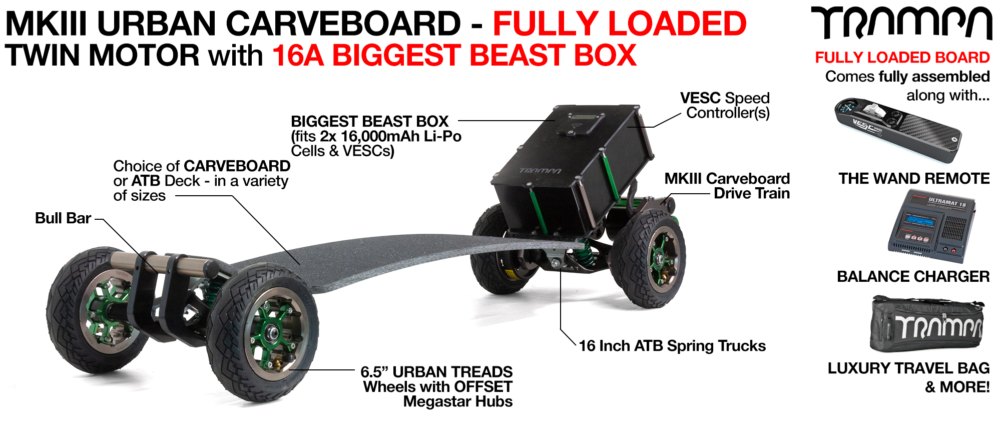 TRAMPA's MkIII URBAN Electric Carveboard with TWIN VESC 6 ATB 16 Inch Spring Trucks MkIII URBAN MkIII Motor Mounts Custom TRAMPA hubs & 160mm URBAN Tyres - 16kv Motor 16A FULLY LOADED 